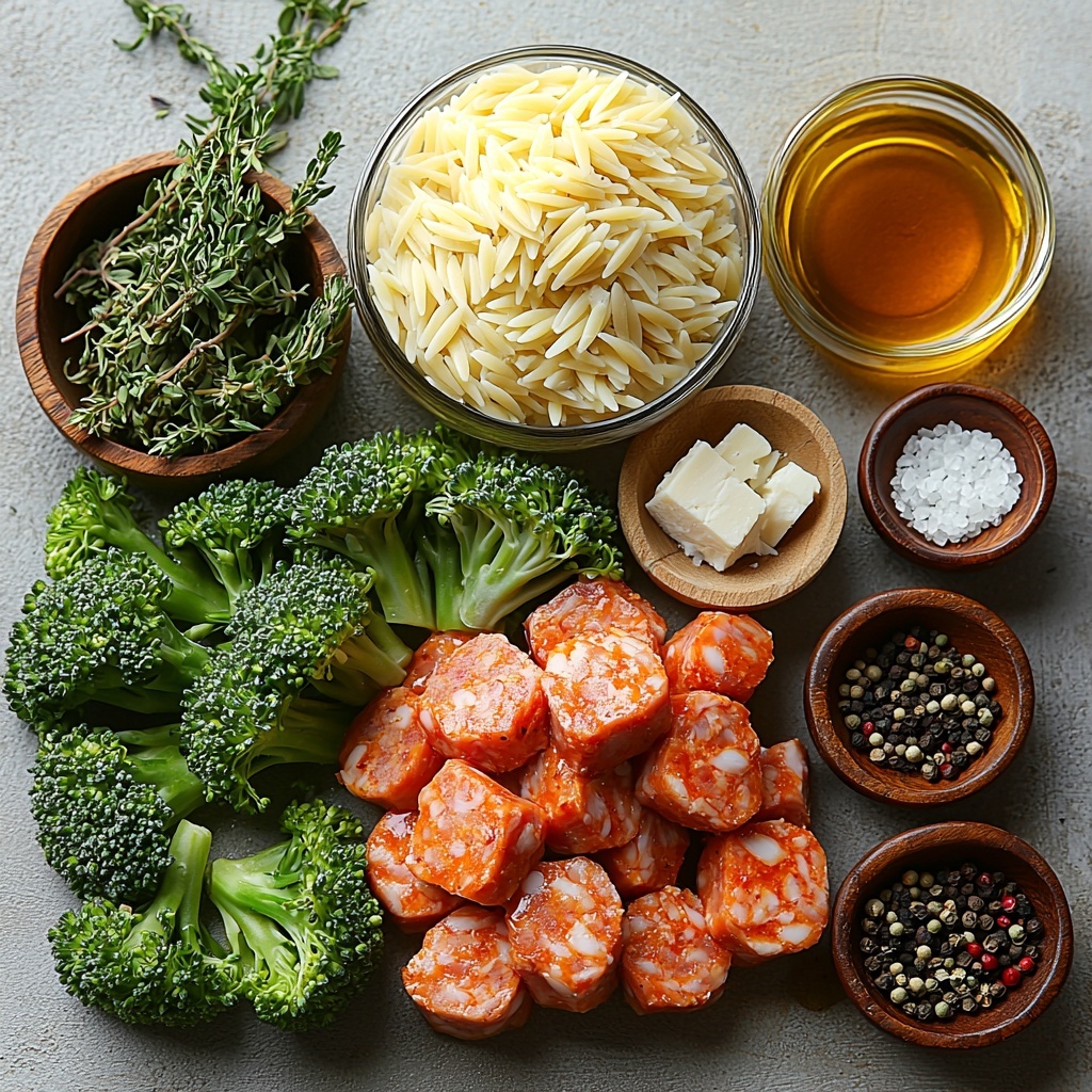 Pre-cooked chicken sausage sliced into bite-sized pieces with a slightly browned, savory texture; uncooked orzo pasta scattered in a neat pile showing its small, rice-like shape and pale golden color; fresh bright green broccoli florets with visible crisp texture; a small glass bowl of low-sodium chicken broth with warm amber tones; a wedge or shavings of pale, creamy Parmesan cheese with a subtle granular texture; a small dish of rich golden olive oil with a glossy surface; tiny bowls containing coarse salt crystals, black peppercorns, and vibrant red pepper flakes, each adding contrasting textures and colors. All ingredients carefully arranged on a clean white surface with soft natural lighting that highlights freshness and detail, shadows gently diffused, styled with minimal rustic props like a wooden spoon or linen napkin subtly placed at the edges to add warmth and depth, emphasizing color contrast and texture variety in a balanced, organized composition. overhead shot, top down view, flat lay photography, professional food styling --ar 1:1 --q 2 --s 750 --v 6.1