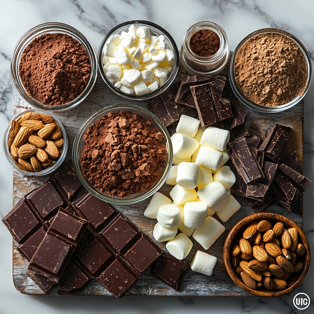 half cup unsalted butter in a small glass bowl, granulated sugar and brown sugar in separate clear measuring cups, two large eggs cracked open in a white ceramic bowl, a small glass jar of vanilla extract, three quarters cup all-purpose flour and half cup unsweetened cocoa powder sifted together in a fine mesh sieve over a white ceramic plate, quarter teaspoon salt in a tiny white dish, three quarters cup semi-sweet chocolate chunks heaped on a rustic wooden board, one cup fluffy white mini marshmallows scattered loosely nearby, half cup chopped almonds in a small natural wooden bowl, all ingredients arranged neatly on a clean white marble surface, soft natural light highlighting matte and glossy textures, subtle shadows adding depth, composition balanced with negative space, pops of warm brown and creamy white tones contrasting with dark chocolate, minimalistic and airy styling, overhead shot, top down view, flat lay photography, professional food styling --ar 1:1 --q 2 --s 750 --v 6.1