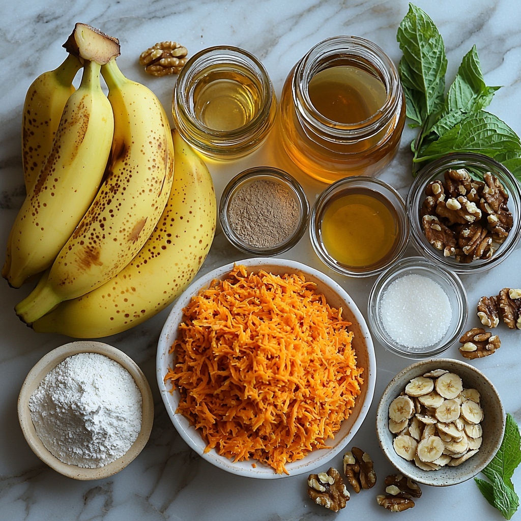 A clean white marble surface neatly arranged with the main ingredients for carrot cake banana bread: a small bowl of bright orange finely grated carrot, a cluster of 3-4 ripe yellow bananas with brown speckles, an open glass jar of amber pure maple syrup, a small white dish with a heap of light brown all-purpose flour, a tiny bowl containing warm brown ground cinnamon, a pinch bowl with off-white baking powder, a small dish of beige baking soda powder, a tiny bowl with fresh grated light brown nutmeg, a shallow dish of fine white salt, a small glass bowl filled with golden vegetable oil, a clear glass container with creamy white milk, and a small vial with dark amber vanilla extract. Optional props include a small bowl of shredded white coconut and a few walnut halves scattered gently. The ingredients are spaced evenly in a circular pattern with natural soft daylight highlighting the contrasting textures: fine powders, glossy syrup, fibrous carrot, and smooth bananas. Minimal shadows and a few fresh green leaves add freshness to the composition. The overall look is bright, warm, inviting, and rustic-modern. Overhead shot, top down view, flat lay photography, professional food styling --ar 1:1 --q 2 --s 750 --v 6.1