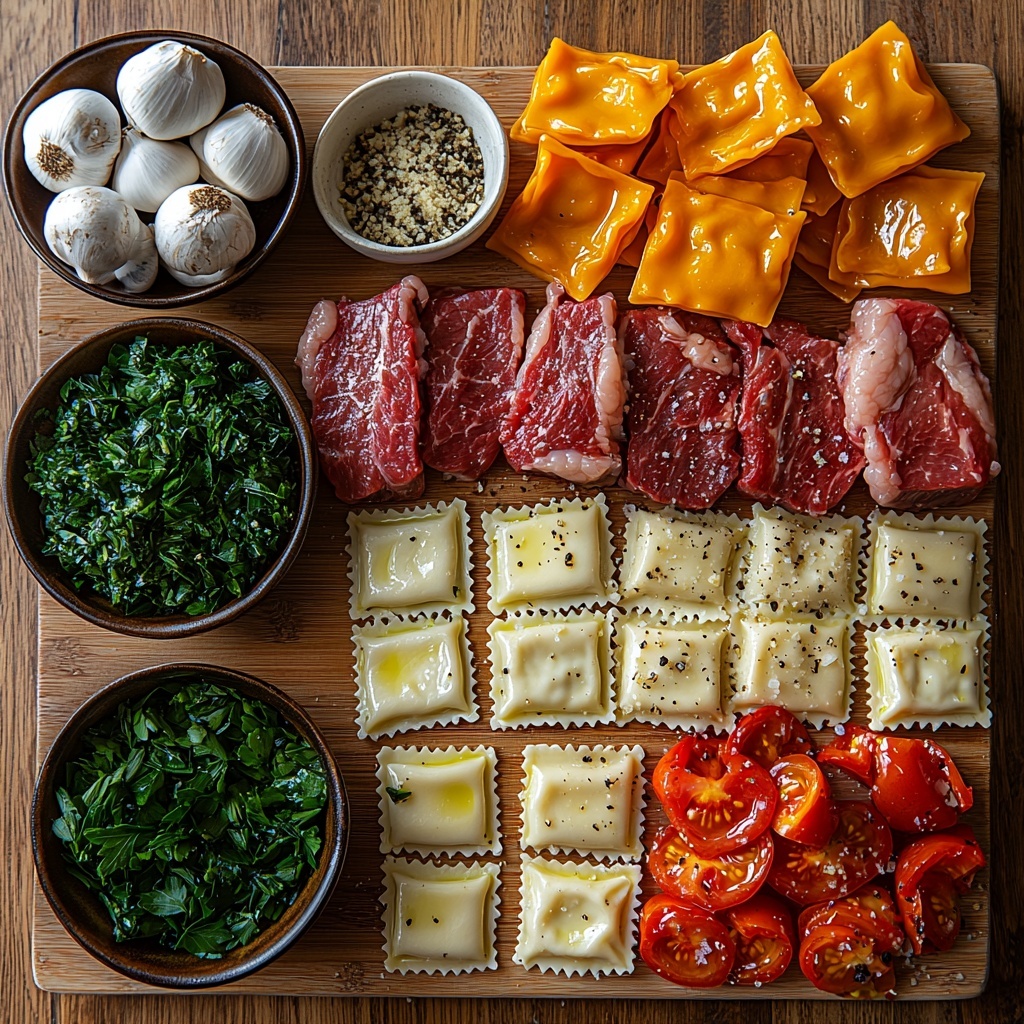 A clean, light wooden surface with all main ingredients arranged neatly for a flat lay: raw sirloin steak seasoned with salt and black pepper, a small bowl of olive oil glistening under soft light, a cluster of fresh green onions chopped finely, a pile of cheese-filled ravioli with smooth, pale dough texture, sliced white mushrooms showing delicate gills, diced vibrant orange-red bell pepper and bright green zucchini cubes, two peeled garlic cloves minced finely, a rustic bowl of rich crushed tomatoes with bright red color, a small container of creamy heavy cream with silky texture, a sprinkling of crushed red pepper flakes in a tiny dish, fresh curly parsley leaves scattered artfully, and a small heap of grated Parmesan cheese with a slightly granular look. The ingredients are spaced evenly with natural shadows, emphasizing fresh colors and varied textures – the juicy steak fibers, tender pasta, glossy olive oil, and rustic vegetables create visual harmony. Minimalist styling with soft natural light from one side, slight shadows, and a crisp, airy feel enhance the vibrant, fresh appeal. Overhead shot, top down view, flat lay photography, professional food styling --ar 1:1 --q 2 --s 750 --v 6.1