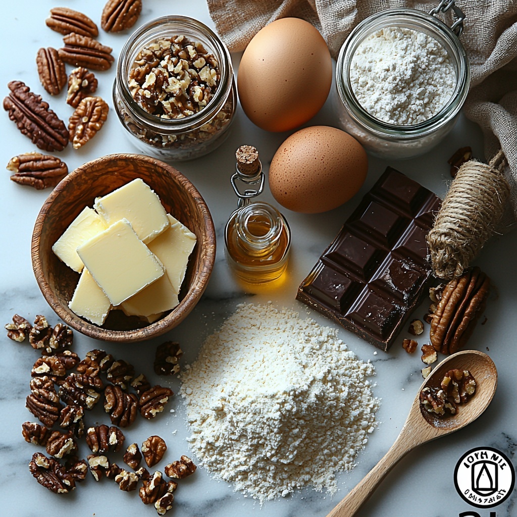 Softened unsalted butter in a small ceramic bowl, granulated white sugar and packed light brown sugar in rustic glass jars, two large brown eggs resting in a natural linen napkin, a small glass bottle of amber vanilla extract with a cork stopper, a wooden bowl filled with all-purpose flour dusted lightly around edges, scattered grains of baking soda, baking powder, and coarse salt crystals laid neatly on a clean white marble surface. Nearby, a generous heap of glossy semi-sweet chocolate chunks glistening in natural light, rustic chopped walnuts and pecans arranged artfully next to the chocolate. The ingredients are spaced evenly with subtle shadows, warm natural lighting enhancing the soft textures and warm tones, minimalistic styling with a few wooden spoons and a measuring cup included for depth. Overhead shot, top down view, flat lay photography, professional food styling --ar 1:1 --q 2 --s 750 --v 6.1