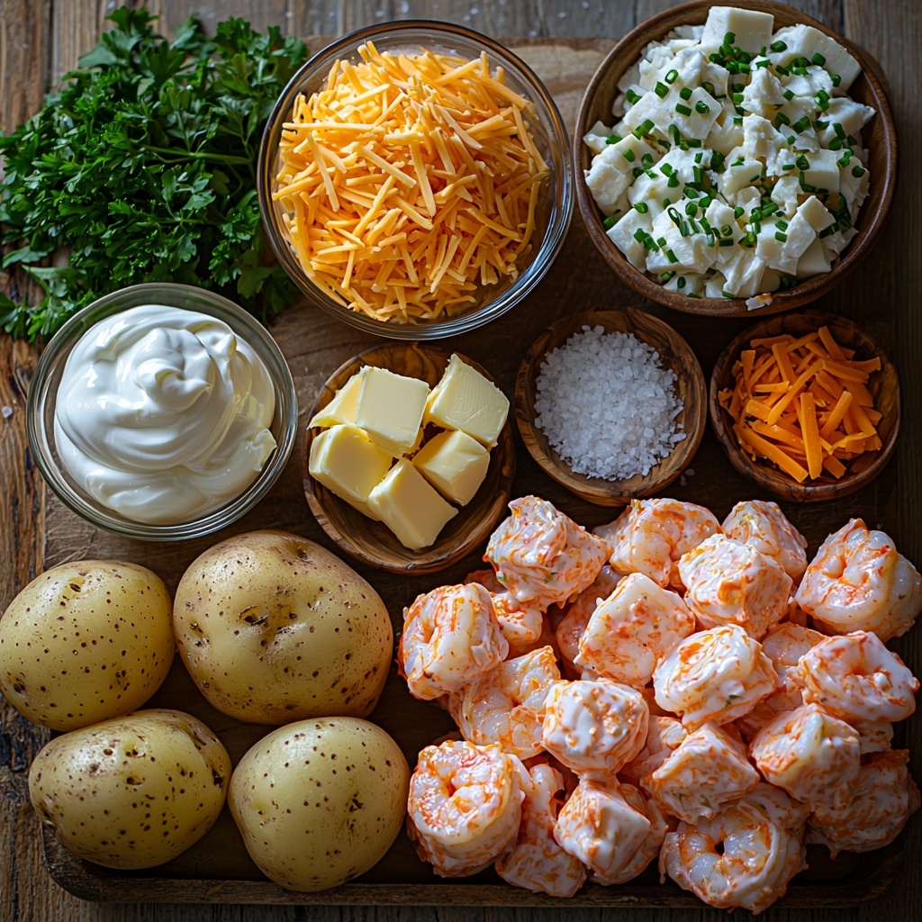 4 large russet potatoes with rough brown skin, a bowl of chopped pink cooked shrimp, a bowl of white and orange cooked crab meat or seafood blend, a small dish of pale yellow unsalted butter, a glass measuring cup filled with creamy white whole milk or heavy cream, a bowl of thick white sour cream, a small pile of shredded sharp orange cheddar cheese, rustic wooden spoons containing vibrant red Cajun seasoning, fine light brown garlic powder, and deep red paprika powder, white and pink coarse salt crystals in a tiny dish, freshly ground black peppercorns scattered nearby, fresh bright green sliced green onions and chopped parsley leaves arranged loosely for garnish, all neatly spread out on a clean, textured light wooden surface to emphasize natural colors and contrast, soft natural lighting highlighting the textures and freshness, minimal shadows, slight rustic props like a linen napkin or wooden bowl edges partially visible for warmth, overhead shot, top down view, flat lay photography, professional food styling --ar 1:1 --q 2 --s 750 --v 6.1