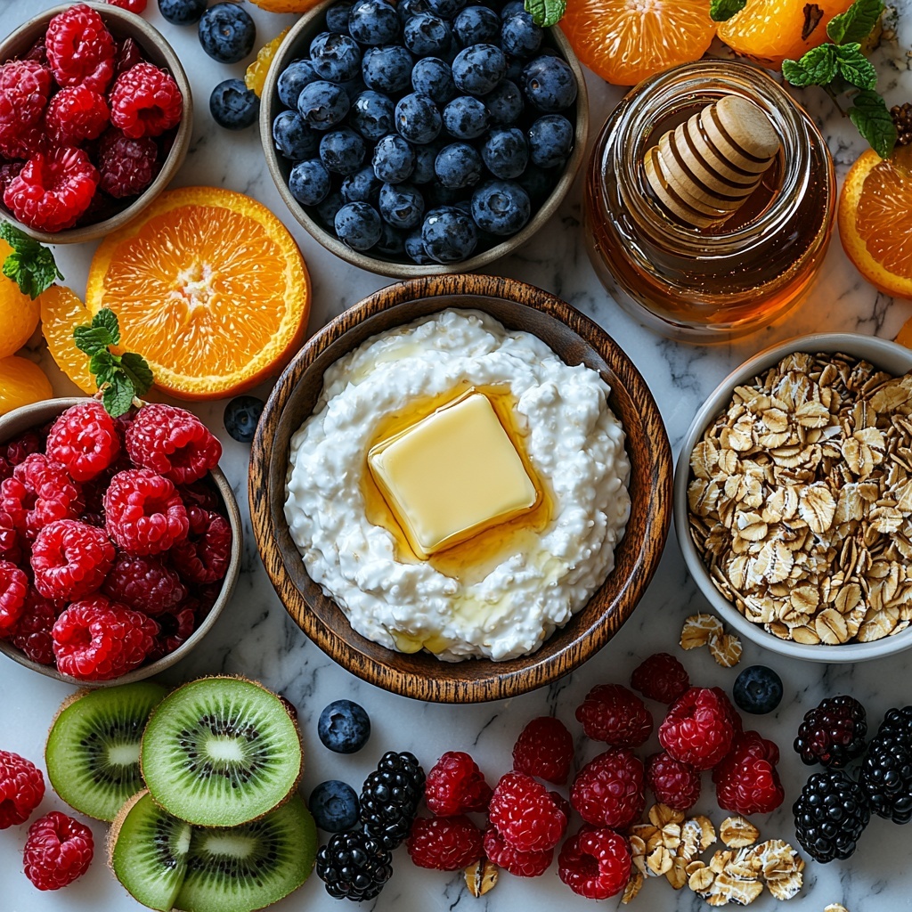 Rolled oats in a small wooden bowl, a pat of golden butter on a rustic dish, a small jar of rich brown sugar alongside a glass bottle of amber 100% pure maple syrup, a large bowl of creamy vanilla Greek yogurt with a smooth glossy texture, fresh raspberries, blueberries, strawberries, blackberries, and cherries scattered vibrantly in clusters, slices of bright orange, yellow pineapple chunks, kiwi rounds with their unique green and black seed pattern, golden toasted coconut flakes in a small white ramekin, a variety of nuts including pistachios, almonds, walnuts, pecans, and cashews artfully arranged in small groups, dried fruits like apricots, dates, and dried cherries adding warm orange and reddish hues, small piles of chia seeds and granola showcasing their coarse textures, a jar of golden honey with a honey dipper resting beside it, all ingredients spaced evenly on a clean white marble surface with natural light highlighting the fresh colors and varying textures, subtle shadows adding depth, an inviting and vibrant breakfast spread emphasizing freshness and variety — overhead shot, top down view, flat lay photography, professional food styling --ar 1:1 --q 2 --s 750 --v 6.1