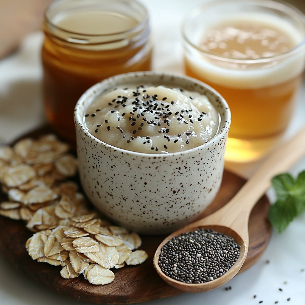 Chia seeds in a small clear glass bowl showing tiny black and white specks, a smooth dollop of creamy light beige tahini in a ceramic spoon, a small jar of golden honey with warm amber hues, a small ramekin of pale, slightly chunky unsweetened applesauce, a tiny glass vial of clear vanilla extract, a scoop of fine, off-white vanilla protein powder on a wooden spoon, a cup of creamy unsweetened almond milk in a simple white cup, a neat pile of light tan rolled oats with visible flakes, a small pinch of coarse salt crystals on a rustic white ceramic plate; all ingredients arranged evenly spaced on a smooth clean white surface with natural soft daylight highlighting the varied textures and warm neutral tones, minimal shadows, subtle greenery in the corner for freshness, overhead shot, top down view, flat lay photography, professional food styling --ar 1:1 --q 2 --s 750 --v 6.1