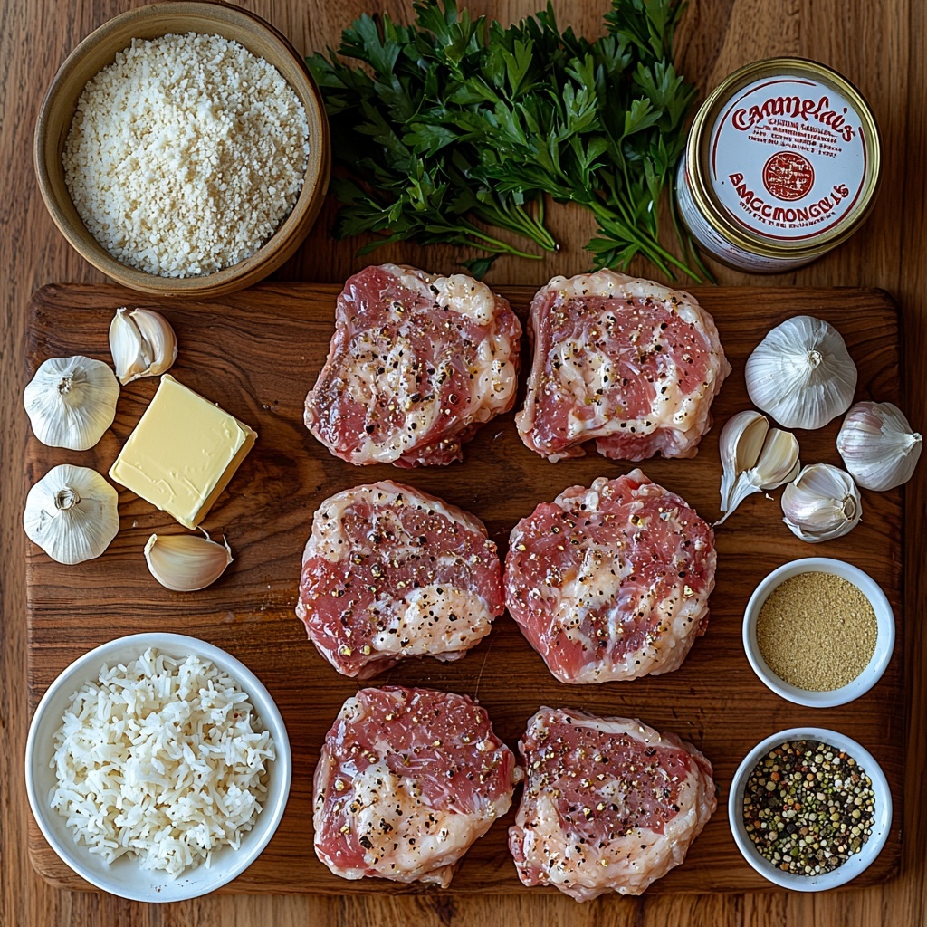 4 thick pork chops with marbled fat, a small pat of golden Kerrygold unsalted butter on a rustic wooden cutting board, a rustic ceramic bowl filled with fluffy white rice grains, two vintage cans of Campbell’s Cream of Mushroom soup with labels visible, a clear glass measuring cup half-full with golden chicken stock, a small white dish holding a sealed packet of onion soup mix, tiny white porcelain spoons with powdered garlic, ground mustard, black pepper, and smoked paprika arranged in neat piles, fresh bright green parsley leaves scattered delicately around, all ingredients arranged thoughtfully on a clean white textured surface with natural light casting soft shadows, warm and inviting color palette, harmonious balance of textures and shapes, styled with minimal props for elegant simplicity, overhead shot, top down view, flat lay photography, professional food styling --ar 1:1 --q 2 --s 750 --v 6.1