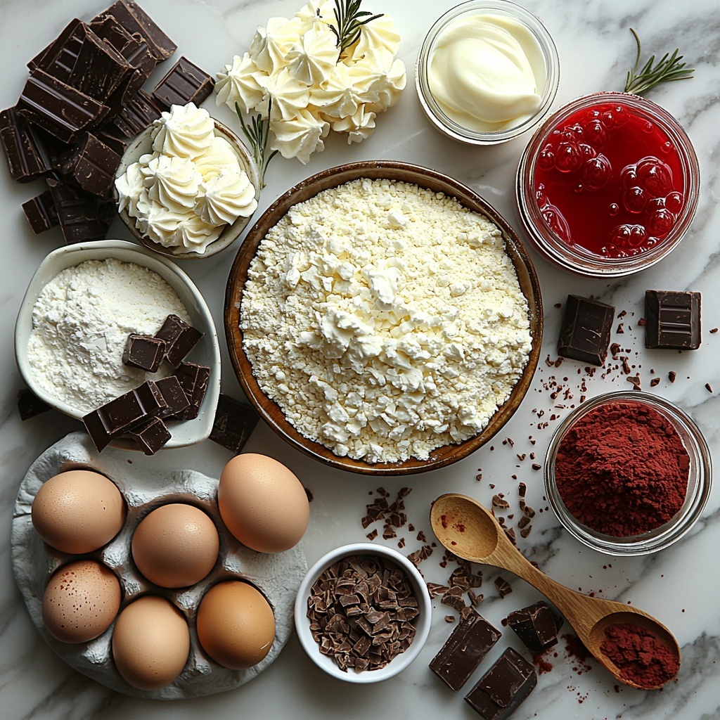 Red velvet cheesecake ingredients flat lay on a clean white marble surface: a small bowl of all-purpose flour with soft powdery texture, granulated sugar sparkling like crystals in a glass jar, a neat pile of baking powder and baking soda white powders in small ceramic spoons, a pinch of coarse salt, a heap of rich dark cocoa powder, a clear glass cup of golden vegetable oil with smooth reflective surface, a transparent measuring cup of creamy buttermilk, two large fresh brown eggs with smooth shells, a small bowl of vibrant red food coloring gel, a tiny glass bottle of amber vanilla extract, a small white bowl with white vinegar, two packages of softened cream cheese in a creamy block form on parchment paper, a bowl of fine granulated sugar, a small glass bottle of vanilla extract near a cluster of three large brown eggs, a small white bowl of thick sour cream, a dollop of fluffy whipped cream in a white bowl, and delicate dark chocolate shavings scattered elegantly on a small plate — ingredients arranged with balanced spacing, natural soft daylight highlighting textures and colors, minimalist rustic props like wooden spoons and linen napkins subtly placed to enhance warmth and depth, natural shadows creating gentle contrast — overhead shot, top down view, flat lay photography, professional food styling --ar 1:1 --q 2 --s 750 --v 6.1