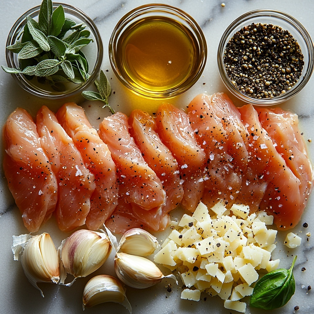 4 boneless, skinless chicken breasts raw, pale pink with smooth texture, arranged neatly on a clean white marble surface; 4 cloves fresh garlic, minced and whole, bright white with papery skins peeling back; a small pile of freshly grated Parmesan cheese, off-white, fluffy and fine texture; a small glass bowl of golden extra virgin olive oil with a slight sheen; a small dish with dark amber low-sodium soy sauce, glossy liquid surface reflecting light; dried Italian herbs (oregano, basil, thyme) loosely scattered, earthy green and brown shades; pinch of coarse salt crystals and ground black pepper sprinkled artfully around; olive oil drizzled lightly near chicken, creating soft highlights; natural soft lighting emphasizing fresh colors and textures, minimal shadows, clean and modern styling, some rustic elements like a wooden spoon lightly visible on the edge for warmth; overhead shot, top down view, flat lay photography, professional food styling --ar 1:1 --q 2 --s 750 --v 6.1