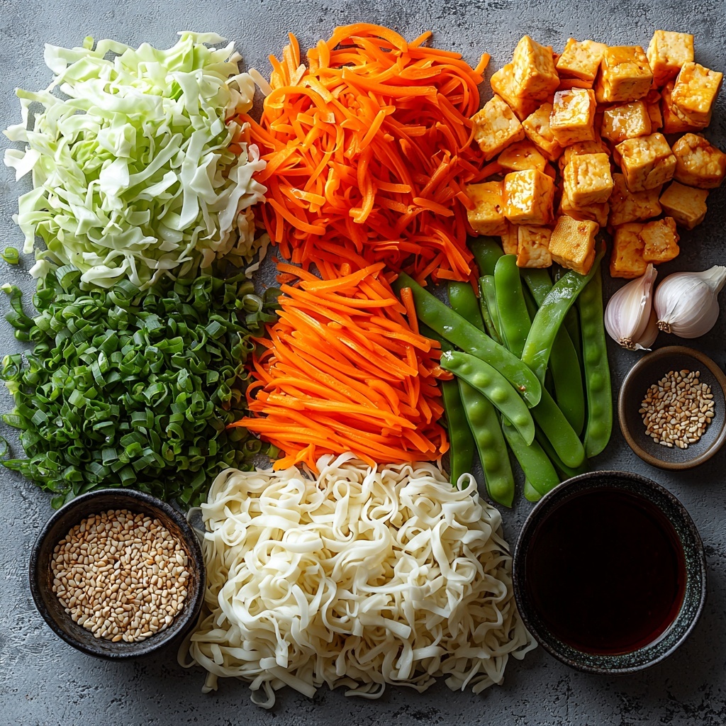 Chow mein noodles in a small bundle with a slightly glossy texture, shredded pale green cabbage arranged in a neat pile, bright orange julienned carrots fanned out beside it, crisp vibrant green snow peas laid out in a line, finely chopped green onions sprinkled in a small heap, two garlic cloves peeled and minced with a slightly rough texture nearby, small bowls containing dark glossy soy sauce and oyster sauce, a tiny dish with golden sesame oil and a teaspoon of white granulated sugar, a portion of cooked chicken or tofu pieces browned and tender-looking, all placed separately but close on a clean, matte white surface with natural soft lighting that highlights the freshness and vibrant colors, minimal shadows, informal yet elegant spacing with slight overlaps to show connection, subtle rustic props like wooden chopsticks and a linen napkin partially visible at the edges for warmth, overhead shot, top down view, flat lay photography, professional food styling --ar 1:1 --q 2 --s 750 --v 6.1