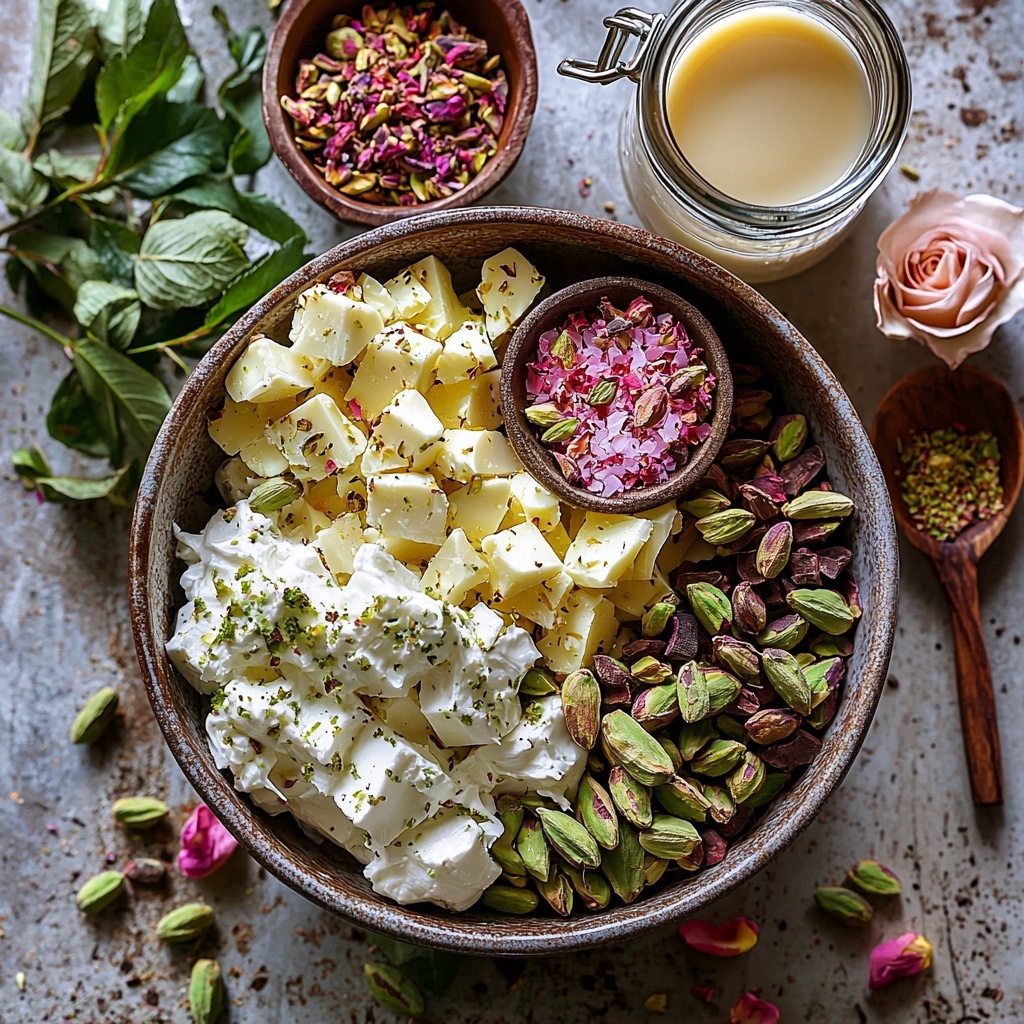 white chocolate chunks, sweetened condensed milk in a small glass bowl, ground cardamom in a tiny ceramic dish, finely chopped pistachios scattered loosely, rose syrup in a delicate glass jar, dried rose petals arranged artfully in a small pile, a few drops of pink food coloring in a clear dropper bottle, warm milk in a small white pouring jug with saffron threads steeping inside, loose saffron threads fanned out near the jug; all ingredients neatly arranged on a clean, light-colored matte surface with soft natural lighting enhancing the creamy whites, pastel pinks, warm saffron yellows, and vibrant green pistachios, subtle shadows adding depth and texture, styled with minimal props such as a wooden spoon and parchment paper edges peeking in to evoke the baking process, overhead shot, top down view, flat lay photography, professional food styling --ar 1:1 --q 2 --s 750 --v 6.1