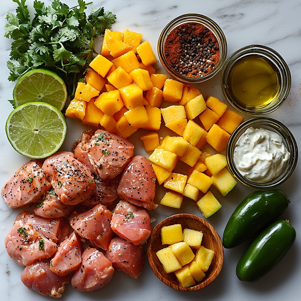 Peruvian chicken ingredients flat lay on a clean white marble surface: raw chicken thighs and breasts with pink, moist texture arranged centrally; small glass bowls of olive oil and melted butter showing golden, glossy liquids; whole garlic cloves scattered loosely with papery white skins; sliced jalapeños with vibrant green flesh and seeds visible; wooden spoon with warm reddish-brown smoked paprika powder; small ceramic dish of earthy ground cumin powder; salt and black peppercorns sprinkled nearby; fresh chopped cilantro and parsley leaves in bright green hues heaped naturally; diced mango chunks showing bright yellow-orange color; diced avocado chunks rich green with creamy texture; small bowls containing creamy white mayo and smooth plain Greek yogurt; bunches of fresh cilantro and parsley sprigs adding vibrant greenery; lime wedges or fresh lime halves showing juicy pale green interiors; two whole jalapeños with glossy skin; toasted sesame oil in a tiny glass container showing deep amber color; all items spaced thoughtfully with natural light casting soft shadows, emphasizing textures and fresh colors; minimal rustic props for contrast, styled for freshness and authenticity. Overhead shot, top down view, flat lay photography, professional food styling --ar 1:1 --q 2 --s 750 --v 6.1