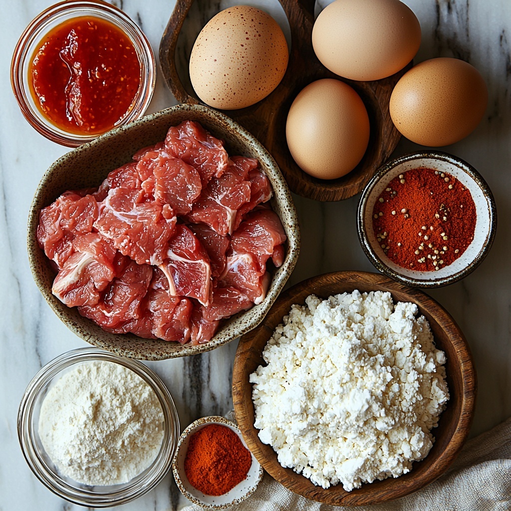 /buttermilk in a rustic ceramic bowl, two large brown eggs cracked open beside it with smooth shells and glossy yolks visible, a small clear glass bowl of bright red hot sauce, a heap of pale all-purpose flour mixed with white cornstarch on a wooden spoon, vibrant red paprika powder sprinkled artistically around, small dishes containing warm-toned garlic powder, onion powder, salt, black pepper, and a pinch of cayenne pepper, raw bone-in pork chops with a fresh pale pink color and marbling, all arranged neatly on a clean white marble surface with natural light casting soft shadows, textures ranging from powdery spices to glossy wet eggs and raw meat, subtle hints of rustic kitchen elements like a vintage whisk and linen napkin for warmth, overhead shot, top down view, flat lay photography, professional food styling --ar 1:1 --q 2 --s 750 --v 6.1