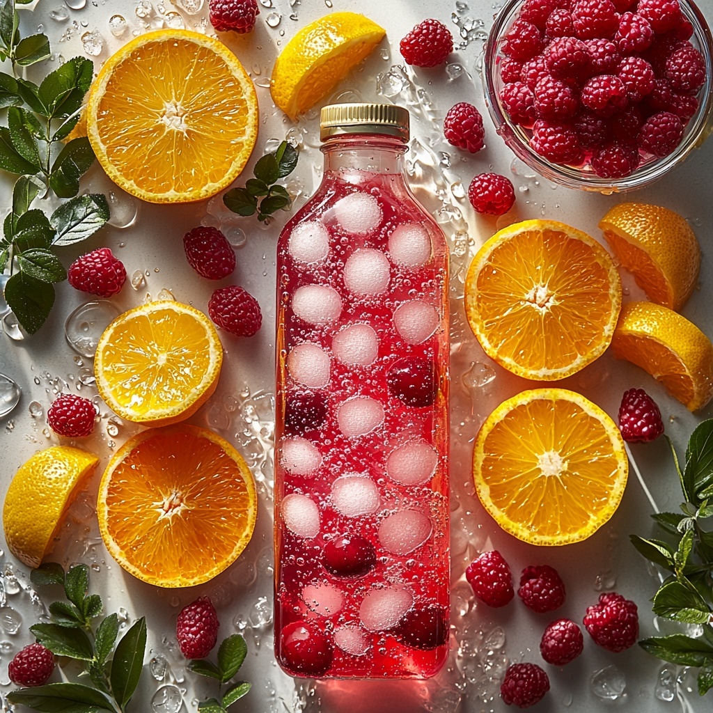 A vibrant flat lay of party punch ingredients arranged neatly on a clean white surface: a can of frozen lemonade concentrate with condensation droplets, a large glass bottle and a clear measuring cup filled with deep red cranberry raspberry juice, a tall glass bottle of fizzy lemon-lime soda with bubbles visible, a bowl of smooth, creamy orange sherbet with soft texture, fresh bright orange slices fanned out artistically, and a small bowl of plump, juicy red raspberries scattered delicately. The composition showcases contrasting vivid colors—bright yellow, deep red, orange, and fresh green leaf accents—highlighting the freshness and variety of textures from smooth sherbet to bubbly soda and fresh fruit. Soft natural lighting with gentle shadows enhances the freshness and vibrancy, styled with minimal props for a clean, inviting look. overhead shot, top down view, flat lay photography, professional food styling --ar 1:1 --q 2 --s 750 --v 6.1