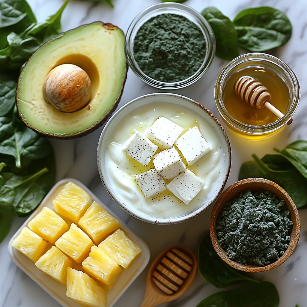 frozen banana, frozen pineapple chunks, fresh baby spinach leaves, spirulina powder in a small wooden spoon, almond milk in a glass measuring cup, plain Greek yogurt in a white bowl, two scoops of collagen or protein powder on a ceramic dish, coconut oil in a small glass jar, honey or agave in a small honey dipper with a light drizzle nearby, half an avocado sliced to show creamy green interior; all ingredients meticulously arranged on a clean white marble surface with natural soft lighting to highlight vibrant greens, creamy whites, and golden amber hues, fresh leafy textures of spinach contrasting with smooth yogurt and creamy avocado, slight shadows adding depth, subtle rustic props like a wooden spoon and linen napkin for warmth and authenticity, overhead shot, top down view, flat lay photography, professional food styling --ar 1:1 --q 2 --s 750 --v 6.1