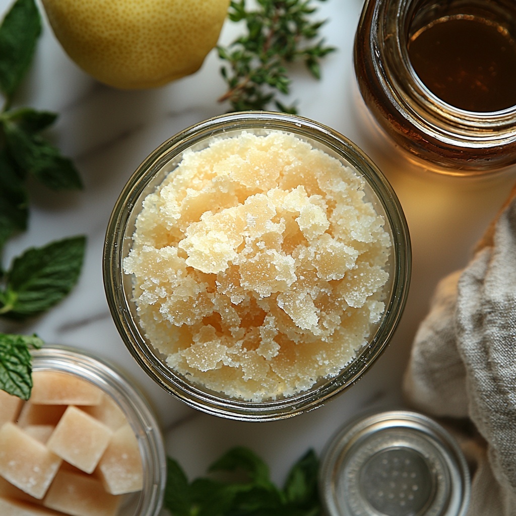 Unflavored gelatin powder in a small glass bowl with fine white powder texture, a clear glass cup filled with steaming hot water creating subtle steam wisps, a transparent measuring cup containing cold water with a smooth reflective surface, a small glass bowl with vibrant golden-yellow lemon juice, a small bottle of amber apple cider vinegar with a glossy label, and a tiny jar of light brown natural sweetener resembling monk fruit crystals; all ingredients meticulously arranged on a clean white marble surface with soft natural light casting gentle shadows, fresh green herbs subtly placed for color contrast, a delicate linen napkin folded nearby adding texture, minimalistic and bright composition emphasizing purity and freshness, overhead shot, top down view, flat lay photography, professional food styling --ar 1:1 --q 2 --s 750 --v 6.1