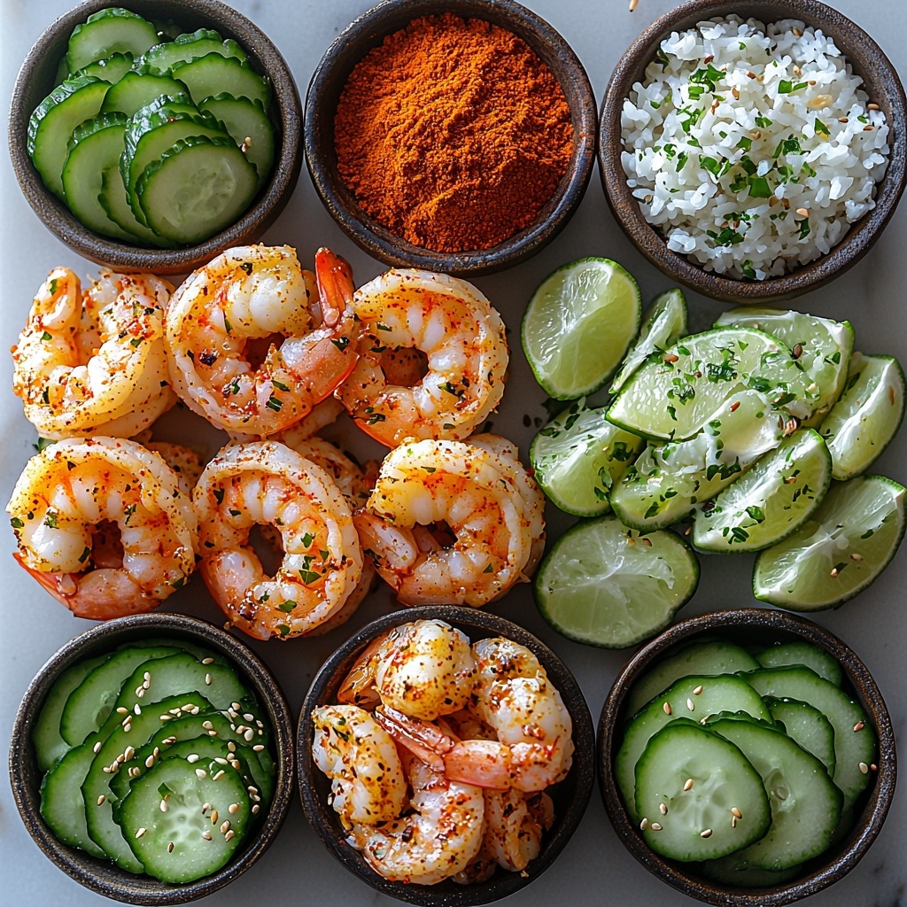 Shrimp, peeled and deveined, coated in spices with a light glisten from olive oil; roughly mashed bright green avocados mixed with lime juice showing creamy, slightly chunky texture; halved cucumbers with pale green flesh and seeds scooped out, crisp and fresh; fluffy, glossy white cooked sushi rice in a small bowl; small heap of golden sesame seeds; a small bowl of creamy pale orange spicy mayo sauce; fresh lime cut in half showing vibrant juicy interior; neat piles of individual garlic powder, onion powder, paprika, chili powder, and dried oregano in tiny bowls displaying warm, earthy tones. All ingredients arranged neatly on a clean white surface, balanced spacing creating visual harmony, pops of green and orange contrasting with neutral hues, natural soft daylight enhancing textures and colors, minimal shadows, styled with simple utensils and a rustic wooden spoon to add warmth and authenticity, focus on freshness and vibrant colors. Overhead shot, top down view, flat lay photography, professional food styling --ar 1:1 --q 2 --s 750 --v 6.1