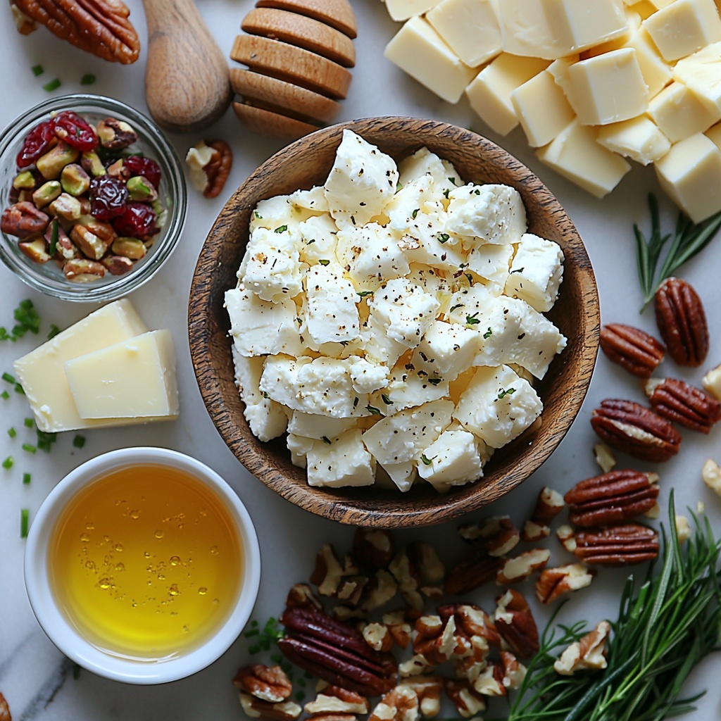 Cream cheese in a small rustic ceramic bowl, smooth and creamy white texture; goat cheese in a crumbled mound on a small wooden board, soft and slightly crumbly; white cheddar cheese cut into small cubes, pale yellow with a firm texture scattered nearby; a small white dish with golden honey glistening, light reflecting off its surface; a tiny glass bowl of lemon juice, clear pale yellow liquid; neatly arranged piles of finely chopped dried cranberries, deep red and slightly glossy; finely chopped pistachios with a vibrant green hue and rough texture in a small white ramekin; finely chopped pecans with warm brown shades and irregular shapes, spread loosely on the surface; finely chopped cooked bacon pieces, dark reddish-brown and crispy, in a small bowl; fresh chives cut into small bright green rings sprinkled delicately around. Ingredients are artfully arranged on a clean white marble surface, natural light casting soft shadows, styled with rustic wooden spoons and minimal props to enhance textures and colors. overhead shot, top down view, flat lay photography, professional food styling --ar 1:1 --q 2 --s 750 --v 6.1
