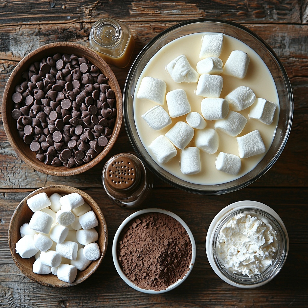 6 cups whole milk in a clear glass measuring cup, 2 cups heavy cream in a white ceramic bowl, 1 can (14 oz) sweetened condensed milk with the opened can showing the thick creamy texture, 2 cups semi-sweet chocolate chips scattered loosely on the surface, 1/4 cup unsweetened cocoa powder in a small rustic wooden bowl displaying the fine dark powder, 1 1/2 teaspoons vanilla extract in a small glass bottle with amber liquid, 1/4 teaspoon salt in a tiny white porcelain dish, a small pile of fluffy mini marshmallows and a swirl of whipped cream on a white ceramic plate nearby, all ingredients carefully arranged on a clean, neutral-toned wooden surface with soft natural lighting highlighting the varied textures from smooth cream to glossy chocolate chips, slight shadows for depth, styled for an inviting and cozy feel, overhead shot, top down view, flat lay photography, professional food styling --ar 1:1 --q 2 --s 750 --v 6.1