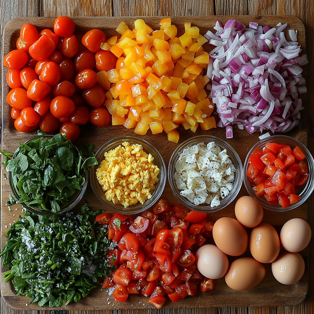 A clean, light wooden surface neatly arranged with all main ingredients for baked egg muffin cups: six large fresh eggs in a small rustic bowl, a small white ceramic dish filled with vibrant diced red, yellow, and orange bell peppers, a glass bowl of finely chopped pale purple onions, a cluster of glossy red cherry tomatoes halved and scattered naturally, a small bowl heaped with fluffy shredded pale yellow cheese, a pile of bright green chopped spinach leaves with delicate veins visible, a small white ramekin with fine white salt, another with freshly ground black pepper, and a tiny dish containing pale beige garlic powder. Optional element: a small bowl of crumbled golden-brown cooked turkey sausage adding texture contrast. Soft natural light highlights the fresh colors and textures, subtle shadows add depth, minimal props to keep the focus on ingredients, arranged with spacing for balance and harmony. Overhead shot, top down view, flat lay photography, professional food styling --ar 1:1 --q 2 --s 750 --v 6.1