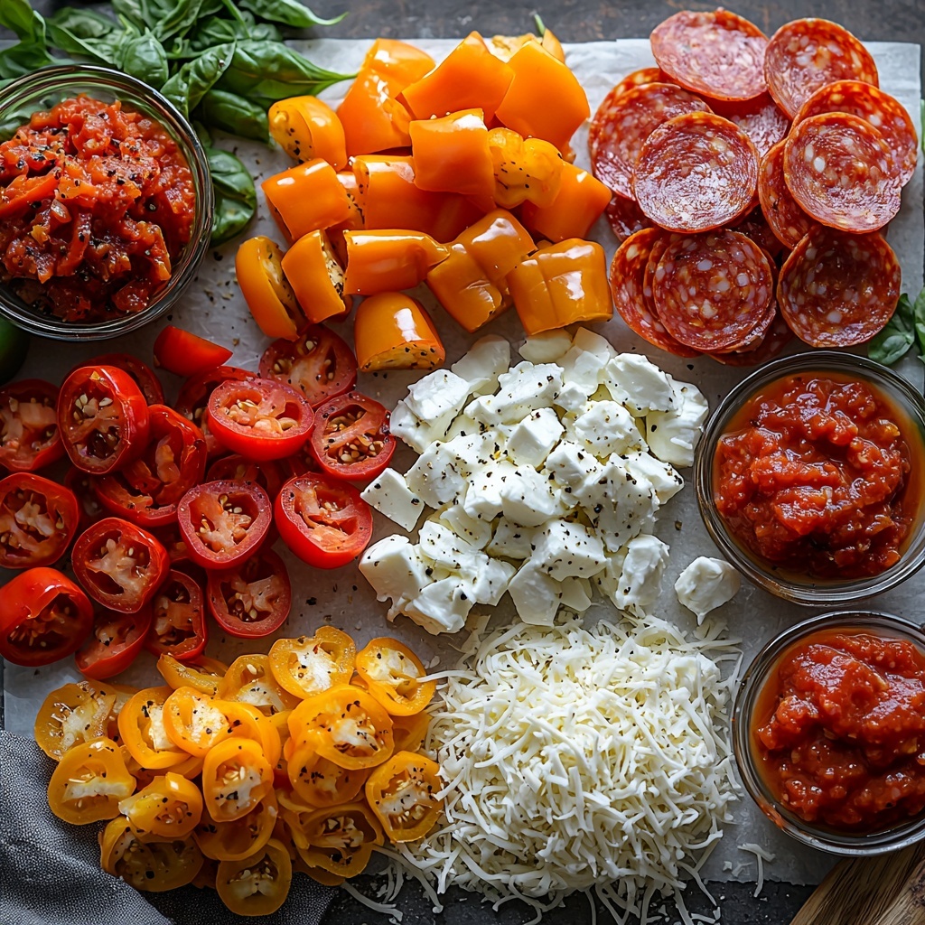 Mini sweet peppers halved and arranged neatly on a clean white surface, vibrant red and orange colors with glossy, smooth skin; small bowls of rich, deep red pizza sauce with a slightly chunky texture placed beside the peppers; a generous pile of freshly shredded mozzarella cheese with soft, fluffy, creamy white strands scattered artfully; stacks of thin, round mini pepperoni slices showing a reddish-brown hue with a glossy, slightly oily texture; a few loose mozzarella shreds and pepperoni slices arranged casually for a natural look; bright natural lighting highlighting the freshness and vivid colors, soft shadows for depth; minimalistic styling with rustic parchment paper and simple wooden utensils subtly included in the frame for warmth and texture; crisp, clean, inviting composition emphasizing freshness and variety, vibrant and appetizing color contrast. overhead shot, top down view, flat lay photography, professional food styling --ar 1:1 --q 2 --s 750 --v 6.1