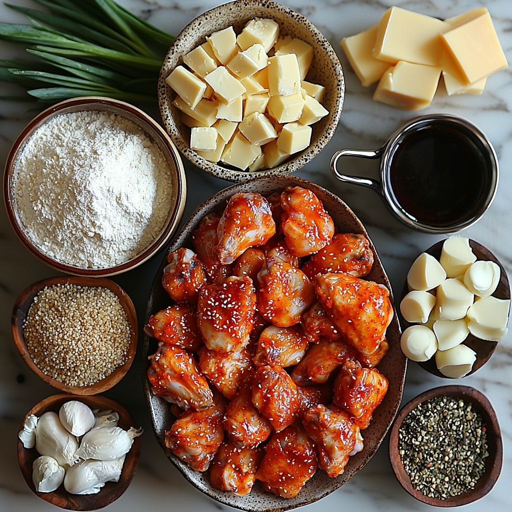 2 lbs raw chicken wings, white all-purpose flour in a small bowl, pale yellow cornstarch in a dish, scattered garlic powder, onion powder, and paprika powders with warm earthy tones, small piles of salt and black pepper, a glass cup of creamy white buttermilk, vibrant red gochujang in a clear bowl, golden honey drizzled on a spoon, dark soy sauce in a small rustic ceramic dish, a bowl of shredded mozzarella and cheddar cheese showing creamy white and pale orange hues, a small metal saucepan with heavy cream reflecting soft light, fresh green onions chopped into bright green rings arranged neatly, all ingredients thoughtfully spaced on a clean white marble surface with natural diffused lighting highlighting varied textures from powdery to glossy, styled with minimal rustic props like wooden spoons and natural linen napkins to emphasize freshness and color contrast, overhead shot, top down view, flat lay photography, professional food styling --ar 1:1 --q 2 --s 750 --v 6.1