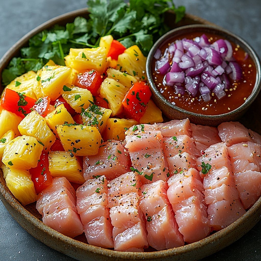 Boneless skinless chicken breasts raw, plump and pale pink, arranged neatly on a clean white surface; vibrant red and green bell pepper slices fanned out in bright, glossy strips; juicy golden-yellow pineapple chunks clustered in a small bowl; deep purple-red onion slices layered delicately beside the peppers; a small rustic bowl of glossy, rich reddish-brown Hawaiian BBQ sauce with a smooth texture; scattered coarse salt crystals and cracked black peppercorns adding contrast; fresh bright green cilantro sprigs placed artfully around the composition for a pop of color and freshness; all ingredients spaced thoughtfully with natural soft daylight highlighting the varied textures and vivid colors, shadows soft and minimal, clean and minimalistic background emphasizing the freshness and vibrancy of the ingredients – overhead shot, top down view, flat lay photography, professional food styling --ar 1:1 --q 2 --s 750 --v 6.1