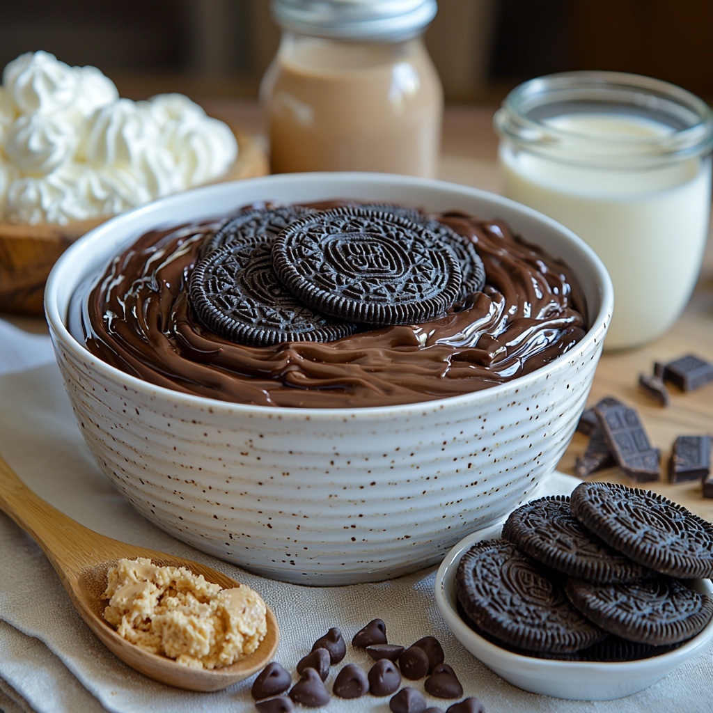 24 Oreo cookies (some whole, some crushed into fine dark crumbs showing creamy centers), a small bowl of melted golden butter with a glistening surface, 8 oz cream cheese smooth and creamy in a white ceramic bowl, a scoop of glossy, rich creamy peanut butter in a wooden spoon, a small pile of fluffy white powdered sugar dusted lightly nearby, a glass bowl of whipped topping—light, airy, and bright white with soft peaks, a small bottle or vial of clear vanilla extract, a mixing bowl with glossy thick chocolate pudding showing deep dark brown color, a measuring cup of cold milk with slight condensation, a heap of mini shiny dark chocolate chips scattered on a small plate, chopped peanut butter cups showing textured peanut butter and chocolate layers, and a small dish with glossy chocolate drizzle zigzag swirls—all carefully arranged on a clean, bright white matte surface with soft natural light and subtle shadows, styled with minimal props like a linen napkin and a wooden spoon handle for warmth, emphasizing textures and contrasting colors, overhead shot, top down view, flat lay photography, professional food styling --ar 1:1 --q 2 --s 750 --v 6.1
