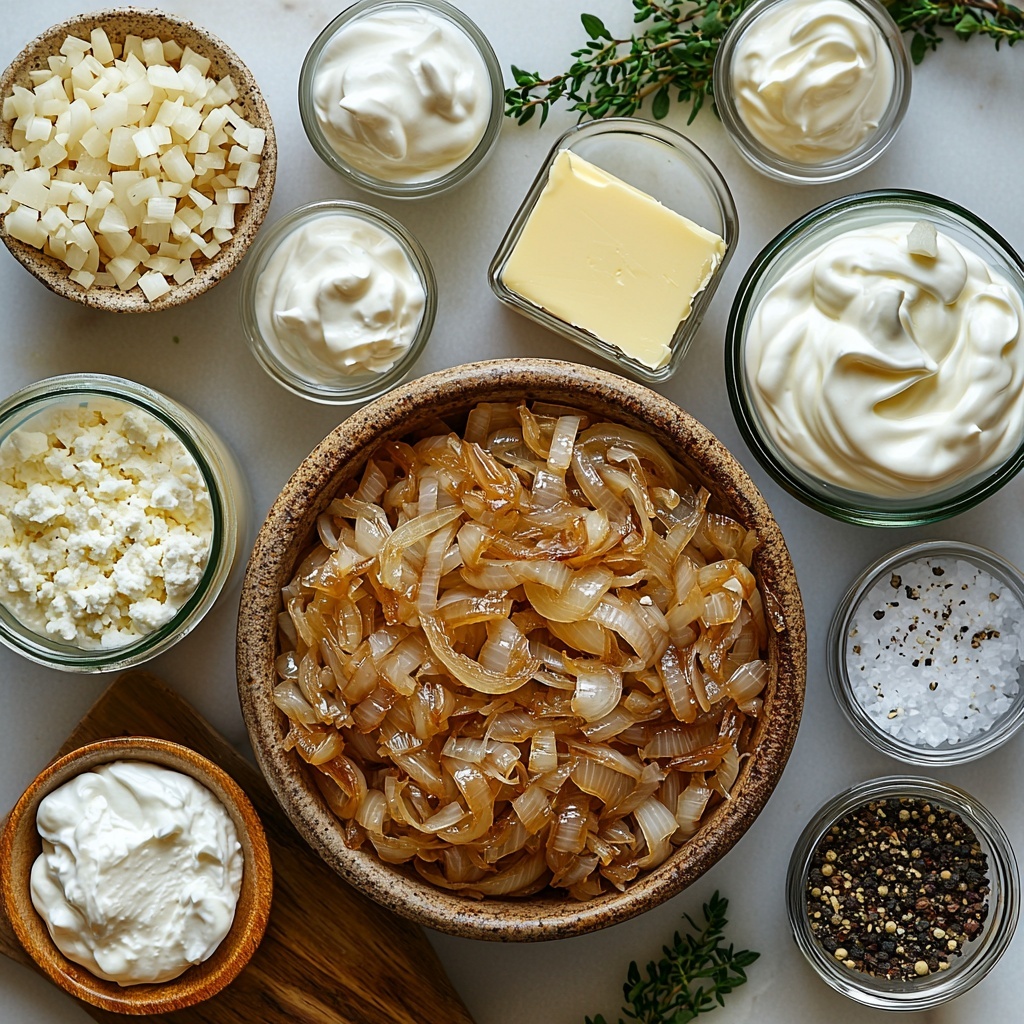 a beautifully arranged flat lay of the main ingredients for French onion dip on a clean white marble surface: a small rustic bowl filled with golden caramelized chopped sweet onions showing rich brown and amber hues, a vintage pat of creamy yellow butter on a small wooden board, a glass jar of smooth cream cheese softened to a creamy white texture, a small ceramic bowl of thick, velvety full-fat sour cream pure white and glossy, a ramekin with pale off-white mayonnaise, tiny glass spoons containing fine white onion powder, vibrant reddish-orange cayenne pepper powder, coarse white salt crystals, and freshly cracked black peppercorns scattered artistically nearby; soft natural light casting gentle shadows emphasizing the creamy, rustic textures and warm tones; minimal greenery from a sprig of fresh thyme placed gently to the side for color contrast; clean and neutral background enhancing the ingredients’ colors and textures; overhead shot, top down view, flat lay photography, professional food styling --ar 1:1 --q 2 --s 750 --v 6.1