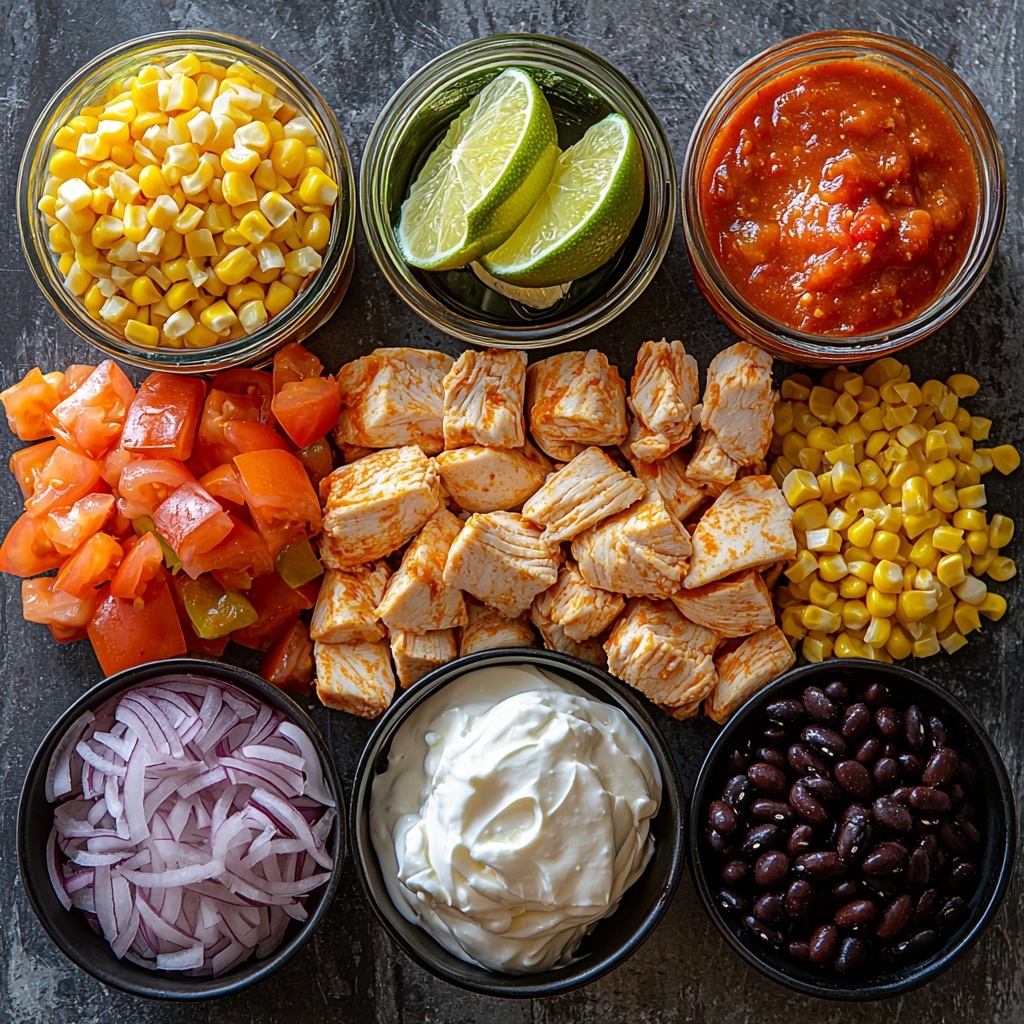 A clean, neutral surface with all main ingredients for Chicken Enchilada Chili thoughtfully arranged in a flat lay style. A small glass bowl of golden olive oil with slight sheen, finely diced white onion showing crisp texture in a neat pile, fresh raw chicken breast pieces pale pink and tender, measuring spoons holding coarse salt, black pepper, and warm-toned cumin powder. Two 10-ounce cans of rich red enchilada sauce and vibrant green enchilada sauce with their colorful labels partially visible, a can of bright red diced tomatoes with green chilies. A small bowl of fire-roasted corn kernels with a charred texture next to a bowl of glossy black beans, drained and shiny. A generous mound of shredded Mexican blend cheese with creamy white, yellow, and orange hues alongside a small ramekin of smooth, thick sour cream. A halved lime with bright green flesh adding a fresh pop of color. Several golden, crisp corn tortillas stacked and fanned out, with a small jar of cooking oil nearby. The ingredients are spaced evenly with subtle shadows, styled to highlight texture and vibrant colors, evoking warmth and rustic homestyle cooking. Overhead shot, top down view, flat lay photography, professional food styling --ar 1:1 --q 2 --s 750 --v 6.1