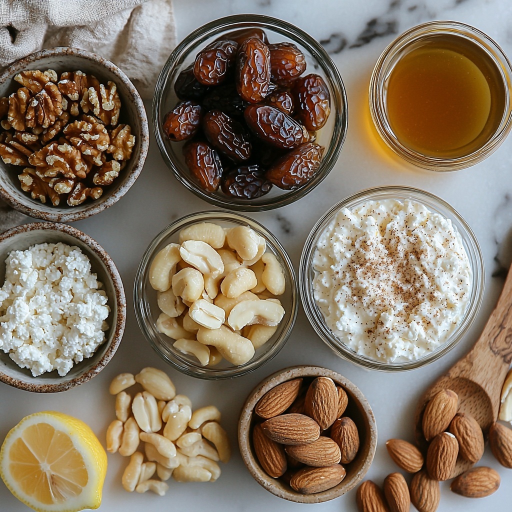 A clean white surface neatly arranged with bowls and small piles of ingredients for a no bake cheesecake: a small glass bowl filled with golden-brown Diamond of California walnuts, a separate bowl of whole almonds with a rich, warm brown hue, a bowl of glossy, dark brown pitted dates soaked and slightly plump, a small dish of deep amber maple syrup glistening under soft light, a tiny white dish holding fine ground cinnamon and a pinch of salt side by side, a rustic ceramic bowl heaped with creamy, thick white cottage cheese showing soft curds, a glass bowl of pale ivory cashews soaked and plump with a smooth matte texture, a small clear container of creamy oat milk with a silky sheen, a wedge of fresh lemon and a small bowl of pale yellow lemon juice, and a small jar of warm golden vanilla extract. The ingredients are spaced evenly with natural wood utensils and linen napkin folds adding warm, cozy accents. Soft natural light illuminates the scene enhancing the textures and warm earthy tones, creating a harmonious, inviting composition. Overhead shot, top down view, flat lay photography, professional food styling --ar 1:1 --q 2 --s 750 --v 6.1