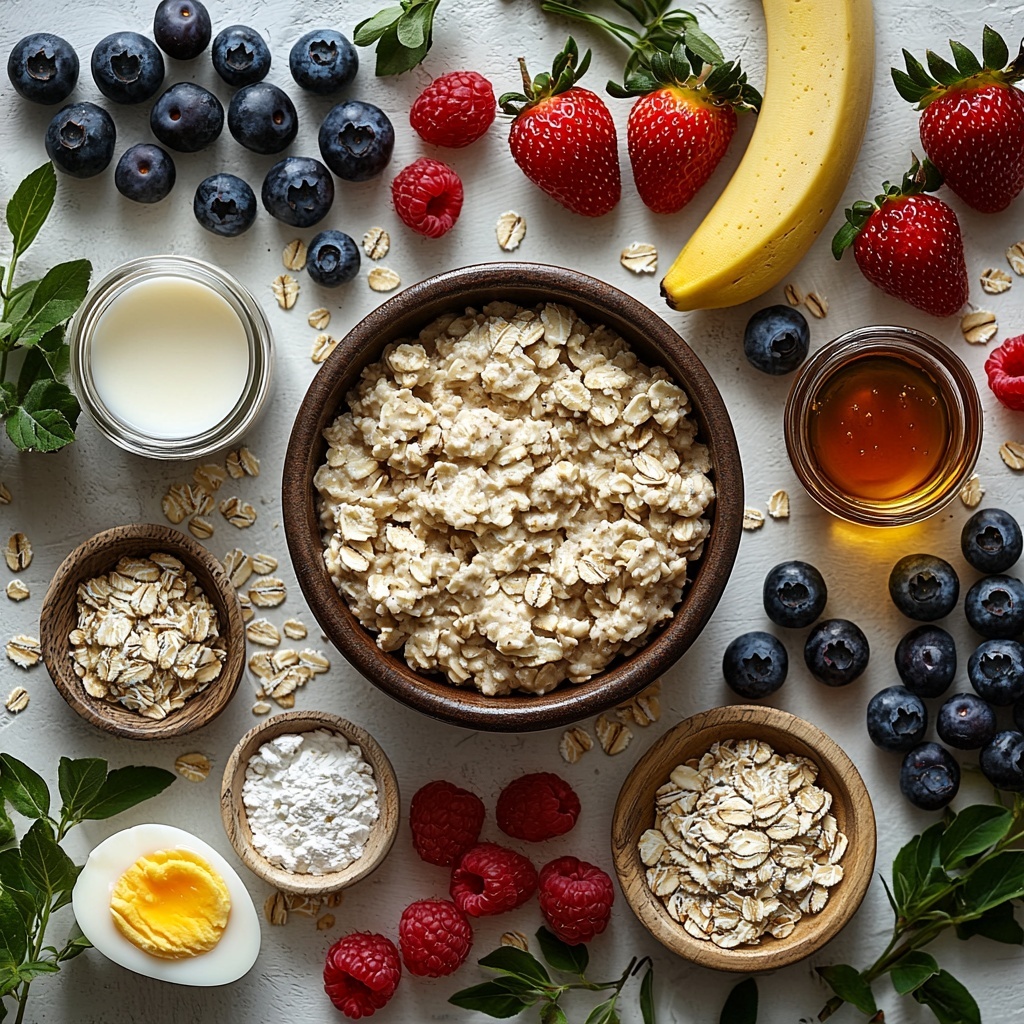 A bright, clean flat lay arrangement of ingredients for healthy baked oatmeal on a smooth white surface: a rustic ceramic bowl filled with 2 cups old-fashioned rolled oats showing their flaky texture; a glass measuring cup with 1½ cups creamy milk; two large brown eggs cracked open beside a small bowl with whisked eggs; two ripe bananas with visible soft spots, one partially mashed on a wooden board; a small glass jar of golden maple syrup with a drizzle on a white spoon; a clear bowl holding melted coconut oil glistening under soft light; a small white dish with vanilla extract; a tiny bowl containing white baking powder next to a pinch of kosher salt on a wooden scoop; and a vibrant mix of fresh blueberries, raspberries, and sliced strawberries scattered naturally nearby, showing bright reds, deep blues, and lush textures. Natural light, soft shadows, minimalistic props like linen napkins in neutral tones, subtle fresh greenery for freshness. Everything neatly spaced but harmoniously grouped for balance, emphasizing warm, earthy and fresh colors with crisp detail. Overhead shot, top down view, flat lay photography, professional food styling --ar 1:1 --q 2 --s 750 --v 6.1