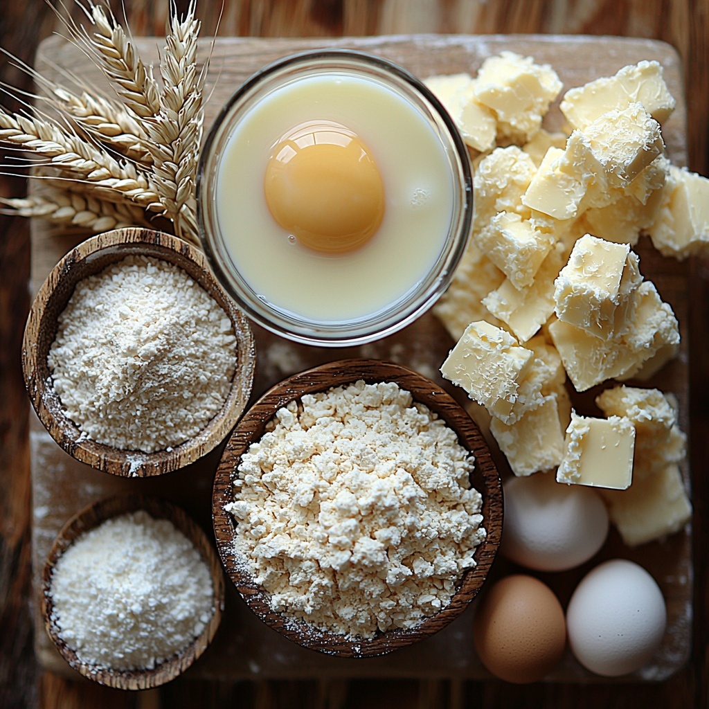 warm milk in a small glass measuring cup with creamy off-white color and smooth surface, melted butter in a clear glass bowl showing golden yellow glossy texture, one large brown egg with smooth shell, white granulated sugar in a small white ceramic dish with fine crystalline texture, light beige instant yeast in a delicate heap on a wooden spoon, fine white table salt in a tiny rustic ceramic bowl, piles of soft white all-purpose flour spooned and leveled on a clean white linen cloth showing powdery texture, coarse pale yellow cornmeal sprinkled casually on a natural wood cutting board, all ingredients carefully spaced and arranged on a neutral light wood surface with natural soft daylight highlighting subtle shadows and textures, minimalistic styling with a few sprigs of wheat for an artisanal touch, clean and airy composition with negative space for clarity, overhead shot, top down view, flat lay photography, professional food styling --ar 1:1 --q 2 --s 750 --v 6.1