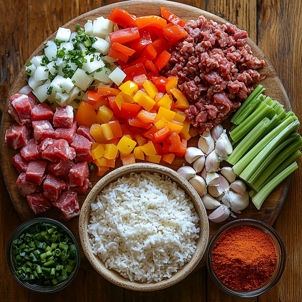 A clean, light-colored wooden surface neatly arranged with the main ingredients for Louisiana Dirty Rice: a small bowl of fluffy long-grain white rice with delicate grains, raw ground pork and beef in a rustic ceramic dish showing the rich pink and red tones, a small plate of chopped chicken livers with a deep reddish-brown color, vibrant diced bell peppers in red and green hues, crisp celery sticks, and chopped onions with white and purple layers visible. Small piles of warm-toned garlic powder, smoky paprika, and reddish Cajun seasoning powders artfully sprinkled nearby. A clear glass bowl filled with golden chicken broth reflecting soft light. Fresh green onions sliced on a white plate, their bright green tops contrasting with the pale bottoms. Natural daylight emphasizes textures: the softness of rice, the richness of meats, and the freshness of vegetables. Minimal shadows, clean styling with rustic wooden and ceramic props, balanced composition with ingredients spaced evenly to highlight each element’s color and texture. overhead shot, top down view, flat lay photography, professional food styling --ar 1:1 --q 2 --s 750 --v 6.1