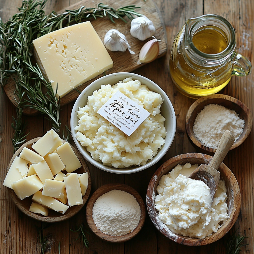 all-purpose flour in a small white bowl with a dusting of flour around it, a packet of active dry yeast beside it, a glass jug of whole milk with creamy texture, a small wooden bowl of coarse sea salt crystals, a bowl of smooth, creamy mashed potatoes with a spoon, fresh garlic cloves and a small dish of minced garlic, wedges of soft white cheese and a small bowl of sour cream, cooked ground beef in a rustic ceramic bowl, a bottle of light olive oil with a golden sheen, all ingredients neatly arranged on a clean light wood surface with natural soft daylight highlighting textures and colors, some ingredients placed on small cutting boards and linen napkins for contrast, shadows softly diffused, minimalistic styling emphasizing freshness and rustic homemade charm, overhead shot, top down view, flat lay photography, professional food styling --ar 1:1 --q 2 --s 750 --v 6.1