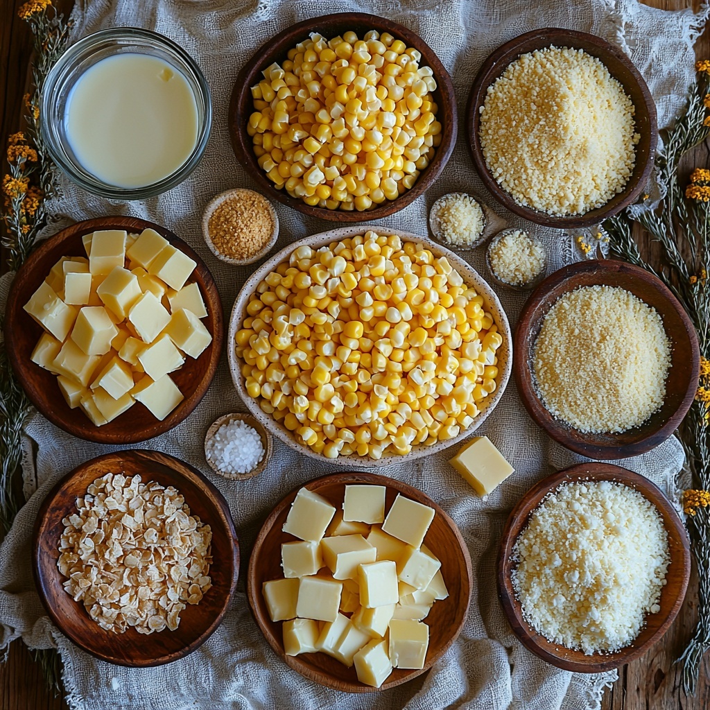 14 ounces whole kernel corn in a small rustic bowl, bright yellow kernels glistening; 14 ounces cream-style corn in a white ceramic bowl, smooth and creamy texture; 1½ cups water and 1½ cups whole milk in clear glass measuring cups, showing the contrast of the milky white and transparent liquid; 1 teaspoon salt, ½ teaspoon mustard powder, ½ teaspoon garlic powder, ½ teaspoon paprika, ¼ teaspoon onion powder, ¼ teaspoon ground black pepper, and ⅛ teaspoon ground nutmeg each in small white porcelain spoons, showcasing their fine powdery textures in warm earthy tones ranging from pale yellow to deep reddish-brown; 16 ounces uncooked elbow macaroni scattered loosely on the surface, creamy pale beige with curved tubular shapes; 16 ounces Velveeta cheese cubes in an elegant glass dish, their smooth and glossy yellow-orange surface catching light; ½ cup salted butter in cubed form on a wooden mini tray, creamy pale yellow; 1 cup panko breadcrumbs in a small wooden bowl showing light, airy crunchy texture; 2 tablespoons salted butter melted and slightly foaming in a small skillet; ¼ cup grated parmesan cheese in a delicate pile on a vintage ceramic plate, finely grated and off-white. All ingredients are artfully arranged on a clean, neutral-toned linen surface with soft natural lighting casting gentle shadows, styled with minimal rustic props such as a wooden spoon and fresh kitchen towel to enhance warmth and homemade feel. Textures range from smooth and creamy to coarse and powdery, colors focus on yellows, creams, warm browns, and hints of white. overhead shot, top down view, flat lay photography, professional food styling --ar 1:1 --q 2 --s 750 --v 6.1