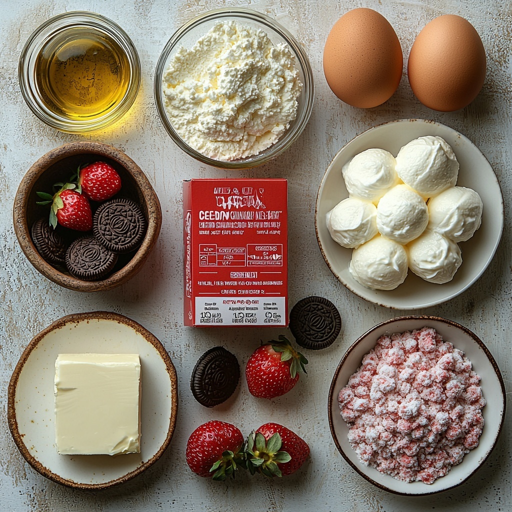 Strawberry cake mix box with bright red and white packaging, three large brown eggs in a rustic ceramic bowl, small glass measuring cup with clear vegetable oil, clear glass measuring cup filled with water, smooth 16 oz cream cheese block on a white plate, small white bowl of granulated sugar sparkling under light, tiny glass jar of vanilla extract with dark amber liquid, two large brown eggs cracked open with yolks visible in a clear dish, small glass bowl of thick heavy cream, vibrant red packet of strawberry gelatin powder, golden Oreo cookies crushed into coarse crumbs in a clear bowl, pale pink crushed freeze-dried strawberries scattered next to a small wooden spoon, melted butter in a transparent glass cup showing golden yellow liquid, fluffy white whipped topping in a vintage white ramekin, all ingredients carefully spaced out on a clean, bright white matte surface, natural soft daylight illuminating from top left, shadows soft and minimal, minimalistic rustic styling with light linen napkin folded neatly on the side, subtle hints of fresh strawberry leaves for a pop of green, overhead shot, top down view, flat lay photography, professional food styling --ar 1:1 --q 2 --s 750 --v 6.1
