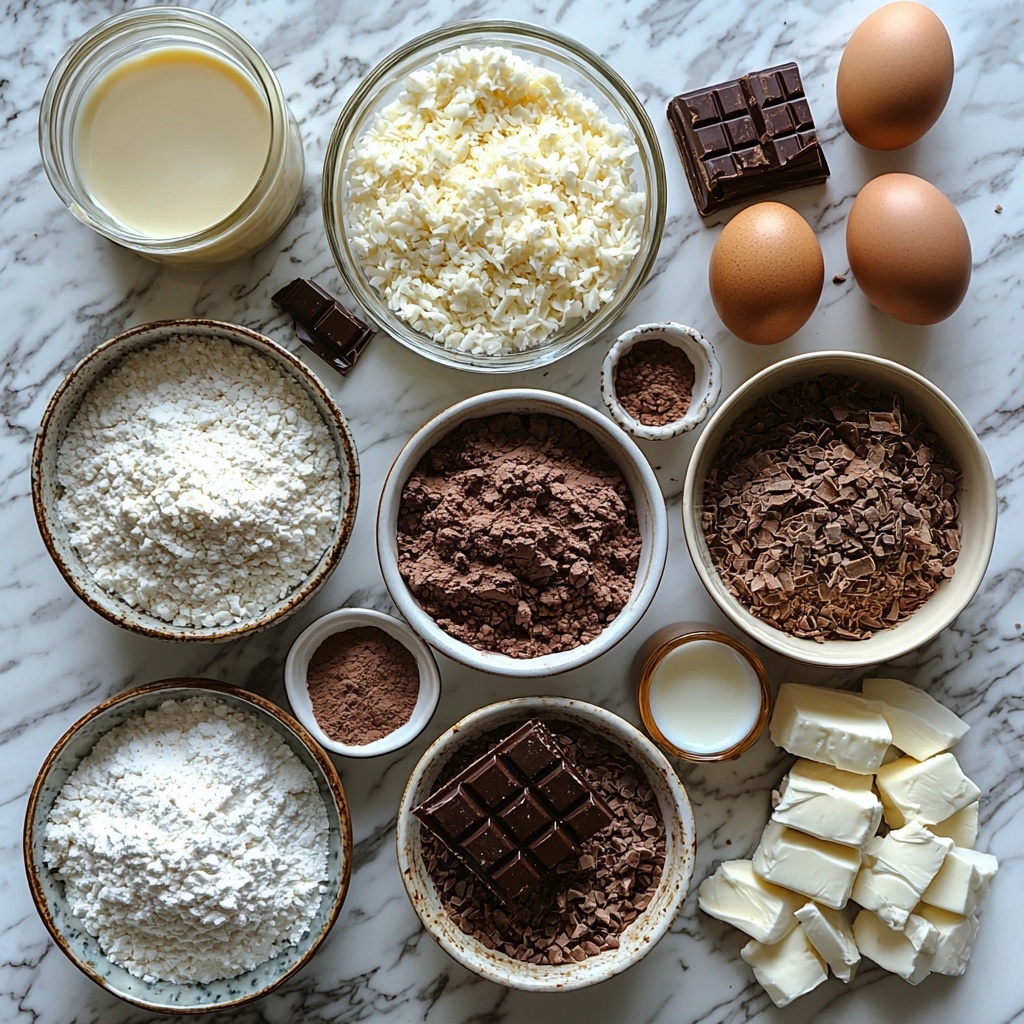 chocolate coconut cake ingredients laid out neatly on a clean white marble surface: two cups of all-purpose flour in a small glass bowl, three quarters cup of unsweetened cocoa powder in a rustic ceramic bowl, baking soda and baking powder in miniature white ramekins, half teaspoon of salt sprinkled nearby; a large glass bowl with granulated sugar, a clear measuring cup filled with golden vegetable oil, a cup of creamy buttermilk in a transparent glass, a cup of steaming hot coffee in a small mug, two large brown eggs resting next to a small bottle of vanilla extract; for the coconut filling, a bowl overflowing with sweetened shredded coconut, a can of shiny sweetened condensed milk, a small bowl of heavy cream beside a teaspoon of vanilla extract; for the frosting, a bowl of soft unsalted butter, a ceramic dish with cocoa powder, a heap of powdered sugar on a wooden spoon, a small glass of whole milk, a pinch of salt on a tiny dish, and a fresh vanilla bean pod; textures vary from powdery cocoa and sugar to smooth liquids and fluffy butter, some ingredients scattered gently for a natural look; warm natural lighting enhances rich browns, creamy whites, and soft beige tones; minimal shadows, slight overhead angle emphasizing textures and colors; clean, elegant styling with subtle props like a linen napkin and a wooden spoon nearby -- overhead shot, top down view, flat lay photography, professional food styling --ar 1:1 --q 2 --s 750 --v 6.1