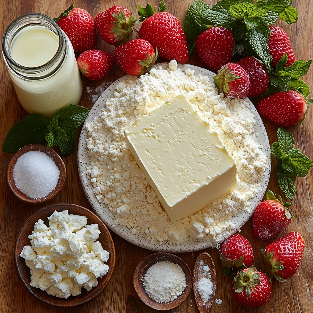 cream cheese block, cold and smooth; granulated white sugar in small clear bowls showing fine crystals; pure vanilla extract in a small glass bottle; fresh ripe strawberries, hulled and finely diced, bright red with green tops nearby; all-purpose flour in a neat mound on a white ceramic plate, soft and powdery texture; baking powder, baking soda, and salt each in small white porcelain spoons; unsalted butter, very softened, creamy pale yellow slab on a butter dish; one room temperature egg in a natural brown shell placed near a whisk; additional granulated sugar in a small bowl for rolling dough; ingredients arranged neatly on a clean light wood surface with subtle natural light highlighting textures and vibrant colors; sprigs of fresh mint and a vintage silver spoon included as styling accents; soft shadows enhance depth, clean and minimal background to keep focus on ingredients; overhead shot, top down view, flat lay photography, professional food styling --ar 1:1 --q 2 --s 750 --v 6.1