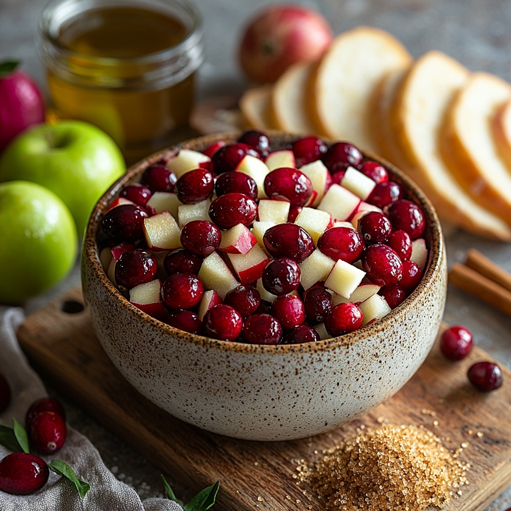 Fresh cranberries vibrant red in a small rustic bowl, two medium Granny Smith apples chopped into crisp green cubes scattered neatly, finely chopped yellow onion with soft translucent texture in a white ceramic dish, a small mound of grated fresh ginger bright pale yellow on a wooden board, a heap of rich dark brown sugar with grainy texture, a teaspoon of warm brown ground cinnamon powder delicately sprinkled nearby, a glass jar filled with golden apple cider vinegar catching light, a drizzle of glossy olive oil artfully pooling on a white porcelain spoon, and several slices of crusty baguette bread with golden toasted edges arranged in a fan shape on a clean white surface. The ingredients are spaced evenly with natural light highlighting vibrant colors and varied textures, styled with minimal rustic props like a wooden cutting board and linen napkin for a cozy, inviting feel. Overhead shot, top down view, flat lay photography, professional food styling --ar 1:1 --q 2 --s 750 --v 6.1