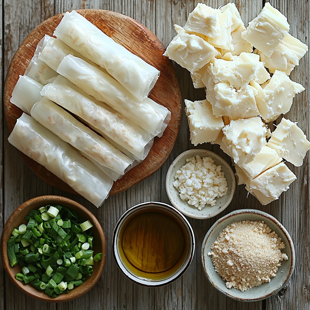 Softened cream cheese in a small clear glass bowl with a creamy white texture, flaked bright white and pink crab meat loosely piled on a rustic wooden board, finely chopped vibrant green onions scattered neatly beside a small white ceramic spoon of dark glossy soy sauce, a tiny heap of pale beige garlic powder on a rustic ceramic plate, a small transparent dish with fresh yellow lemon juice nearby. Twelve translucent rice paper wrappers fanned out in a semi-circle on a clean light wooden surface, some overlapping gently to show their delicate, almost glass-like texture. A small bowl of golden cooking oil with soft reflections sits at one corner. All ingredients are arranged symmetrically with plenty of negative space, styled with natural soft daylight casting minimal shadows, colors vivid and textures clearly defined for a crisp, fresh, and inviting composition. overhead shot, top down view, flat lay photography, professional food styling --ar 1:1 --q 2 --s 750 --v 6.1