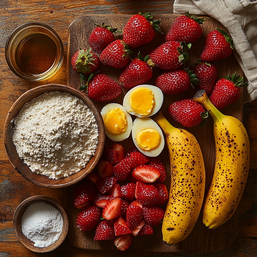 3 ripe bananas with bright yellow skins and slight brown speckles, a small bowl filled with vibrant red chopped fresh strawberries, a neat mound of all-purpose flour with soft powdery texture, a small pile of fine granulated white sugar, two smooth large brown eggs, a glass measuring cup half-filled with golden melted butter, a small glass bowl containing amber vanilla extract, a wooden spoon holding fine beige baking soda, a tiny heap of fine white salt, all arranged artfully on a clean light wooden surface with natural soft daylight casting gentle shadows, subtle rustic props like a linen napkin folded nearby, balanced composition with varying shapes and colors for visual contrast, fresh and inviting vibe, overhead shot, top down view, flat lay photography, professional food styling --ar 1:1 --q 2 --s 750 --v 6.1