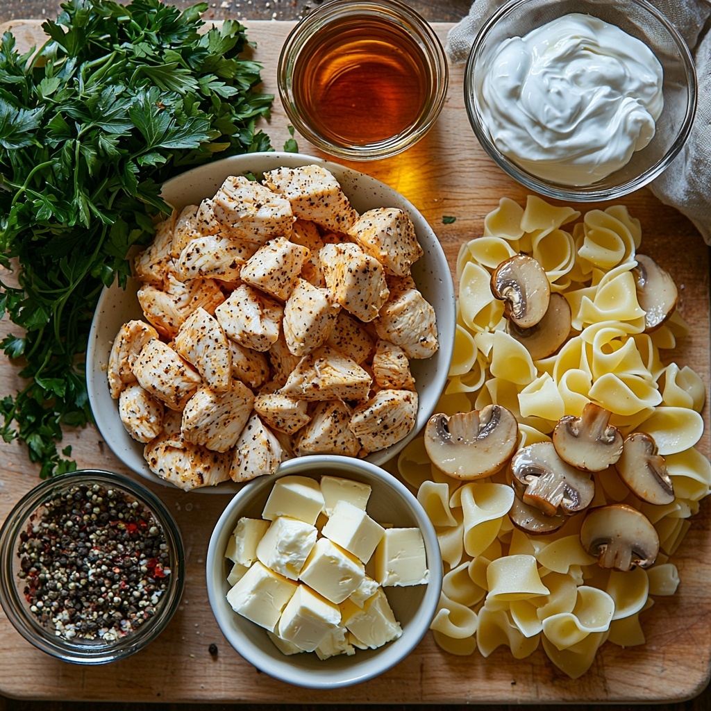 a clean, bright surface showcasing the main ingredients for creamy chicken stroganoff: raw chicken breast chunks lightly dusted with garlic powder, onion powder, paprika, cayenne pepper, kosher salt, and black pepper arranged in a small white bowl; a small heap of diced white onion beside finely minced garlic cloves on a wooden cutting board; fresh baby bella mushrooms sliced and whole, displaying their rich brown caps and creamy stems, scattered near a block of pale unsalted butter and a small bowl of all-purpose flour; a glass measuring cup filled with golden olive oil reflecting light; a clear bowl of chicken broth with a deep amber hue; a small dish of dark Worcestershire sauce; a small bowl of smooth, creamy sour cream; freshly chopped bright green parsley leaves spread nearby; cooked egg noodles with a slightly glossy texture displayed loosely coiled on a white ceramic plate. The ingredients are thoughtfully arranged with balanced spacing, natural soft daylight illuminating textures and colors, subtle shadows adding depth, some rustic wooden and neutral linen props in the background, minimalistic and elegant styling emphasizing freshness and homeliness. overhead shot, top down view, flat lay photography, professional food styling --ar 1:1 --q 2 --s 750 --v 6.1