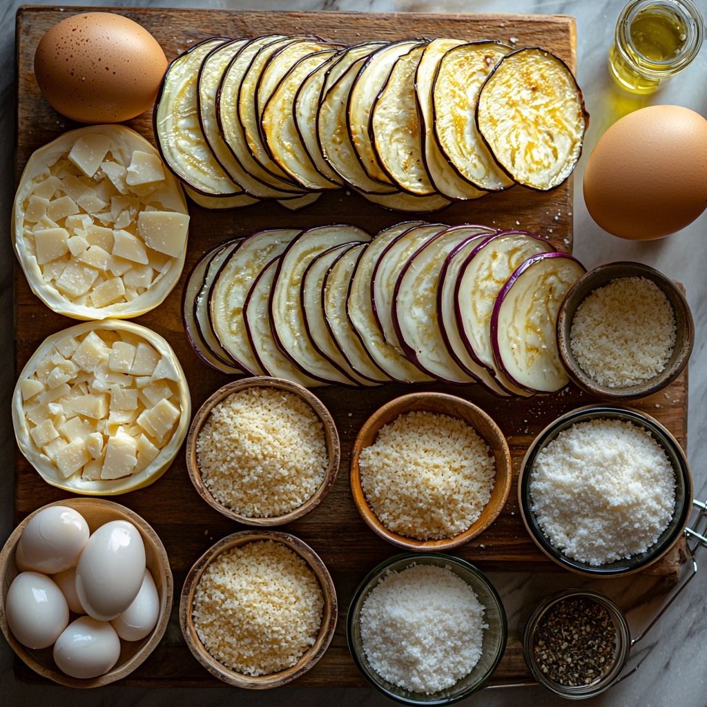 A clean, bright surface with all main ingredients for crispy eggplant Parmesan chips artfully arranged for a flat lay photo: thinly sliced, pale purple eggplant rounds with white flesh stacked neatly on one side; small clear bowls showcasing golden panko breadcrumbs, finely grated pale yellow Parmesan cheese, and a mix of dried herbs and spices (light tan garlic powder, greenish dried oregano, black pepper flecks, and white salt crystals) arranged in a row; two whole large brown eggs next to a small glass bowl of creamy white milk; a sleek olive oil spray bottle nearby; soft natural lighting highlighting the varied textures – the rough crumbly breadcrumbs, the smooth, glossy eggs, the rustic powdered spices, and the matte, tender eggplant slices; subtle shadows adding depth without distraction; minimalistic styling with slight overlapping for harmony and visual flow; some parchment paper sheets and a wire rack partially visible for context overhead shot, top down view, flat lay photography, professional food styling --ar 1:1 --q 2 --s 750 --v 6.1