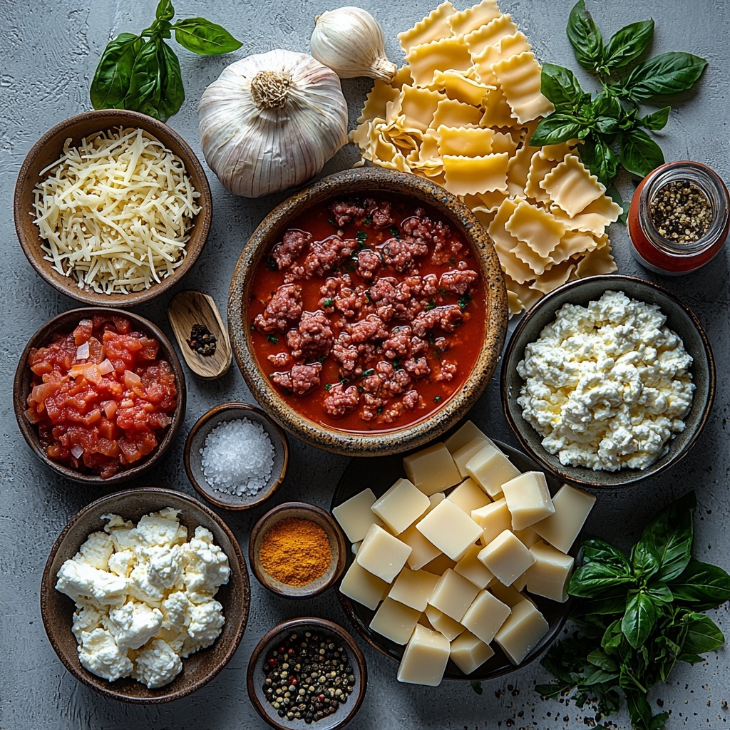 a beautifully arranged flat lay of cheesy lasagna soup ingredients on a clean white surface: raw ground beef or Italian sausage in a small rustic bowl showing rich red and pink textures, a medium onion sliced and diced with white and purple hues, two cloves of garlic whole and minced, an open can of crushed tomatoes with vibrant red and seeds visible, a clear glass measuring cup filled with golden chicken or vegetable broth, broken pieces of dry uncooked lasagna noodles scattered in a casual pile with pale yellow tones, small bowls with Italian seasoning herbs showing green and brown flecks, coarse salt crystals and cracked black peppercorns scattered artistically, a can of creamy white ricotta cheese partially opened revealing its soft texture, a pile of shredded mozzarella cheese in soft white strings, grated Parmesan cheese in fine pale yellow shreds in a small bowl, and sprigs of fresh green basil and parsley adding a pop of color—each item spaced evenly with natural light casting soft shadows, styled with minimalist pottery bowls and wooden spoons nearby, evoking a fresh, inviting, and homely feel, overhead shot, top down view, flat lay photography, professional food styling --ar 1:1 --q 2 --s 750 --v 6.1