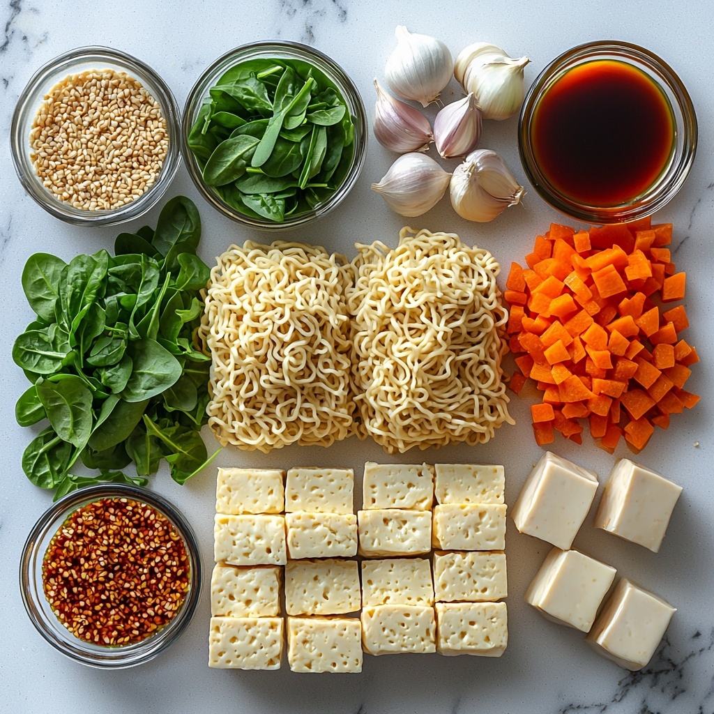 A clean white surface laid out with all the main ingredients for saucy ramen noodles: a neat bundle of uncooked instant ramen noodles showing their pale golden color and wavy texture; small bowls containing dark soy sauce, glossy amber sesame oil, and vibrant red chili oil with a slight sheen; fresh garlic cloves with papery white skin; a small mound of golden brown sugar crystals catching the light; an assortment of colorful fresh vegetables such as bright green sliced scallions, crisp orange shredded carrots, and deep green spinach leaves arranged organically; raw protein options like tender pink chicken slices and marbled tofu cubes placed artfully to one side. The ingredients are spaced evenly, showcasing their natural textures and rich colors against the clean surface, with subtle natural light casting soft shadows for depth and dimension. Overhead shot, top down view, flat lay photography, professional food styling --ar 1:1 --q 2 --s 750 --v 6.1