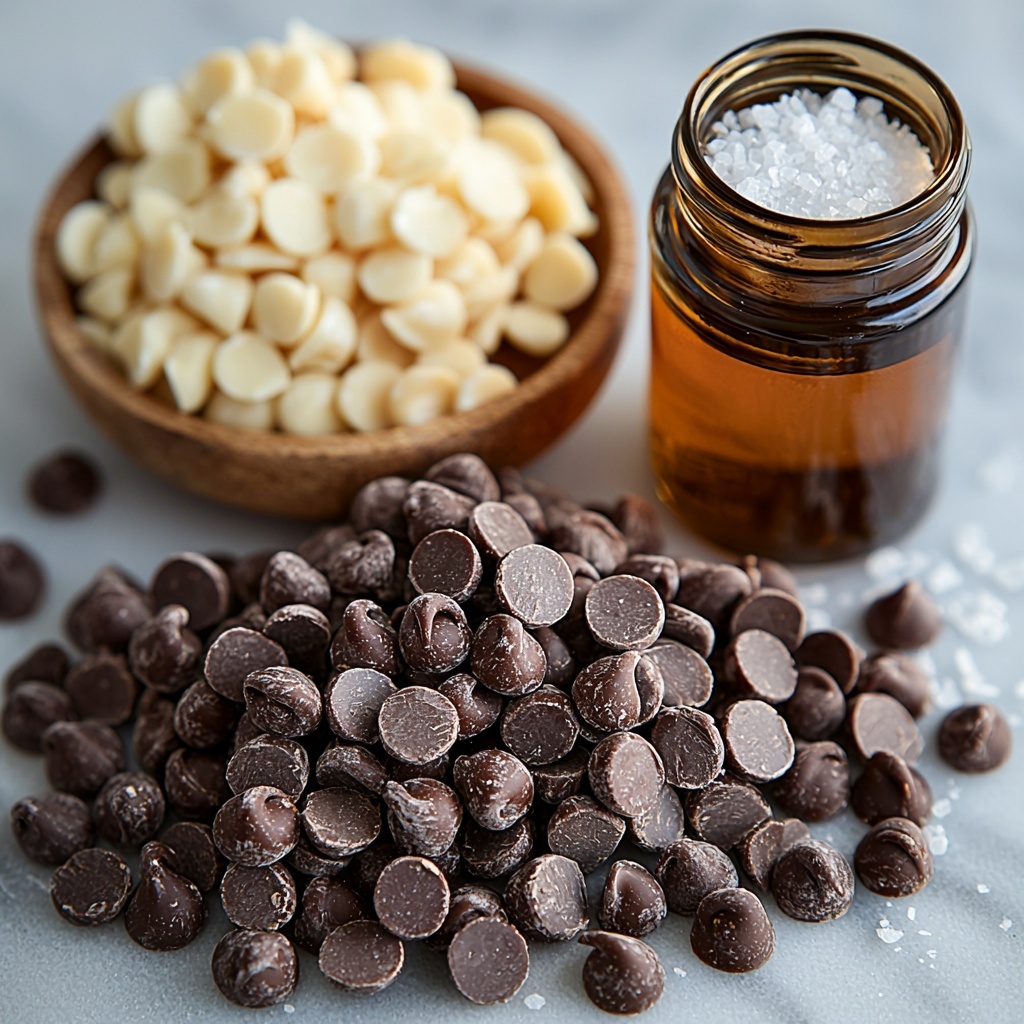3 cups glossy semisweet chocolate chips in rich dark brown hues, a shiny 14-ounce can of sweetened condensed milk with a smooth metallic surface, small heap of fine white salt crystals, a tiny glass bottle of pure vanilla extract with amber liquid inside, and a generous pile of chopped macadamia nuts showcasing their creamy off-white color and rough texture. All ingredients are carefully arranged on a pristine white matte surface with soft natural light casting gentle shadows, emphasizing their textures and colors. The chocolate chips are scattered artfully in a loose cluster, the open can of condensed milk positioned beside it with some dripping slightly on the rim for a fresh feel, the salt sprinkled delicately in a small mound, the vanilla extract bottle tilted slightly with its label visible, and the chopped macadamia nuts spread in a casual but balanced pattern. Minimalistic styling with a focus on clean lines and natural textures, slight rustic touches like a wooden spoon or a small linen napkin partially visible to add warmth. overhead shot, top down view, flat lay photography, professional food styling --ar 1:1 --q 2 --s 750 --v 6.1