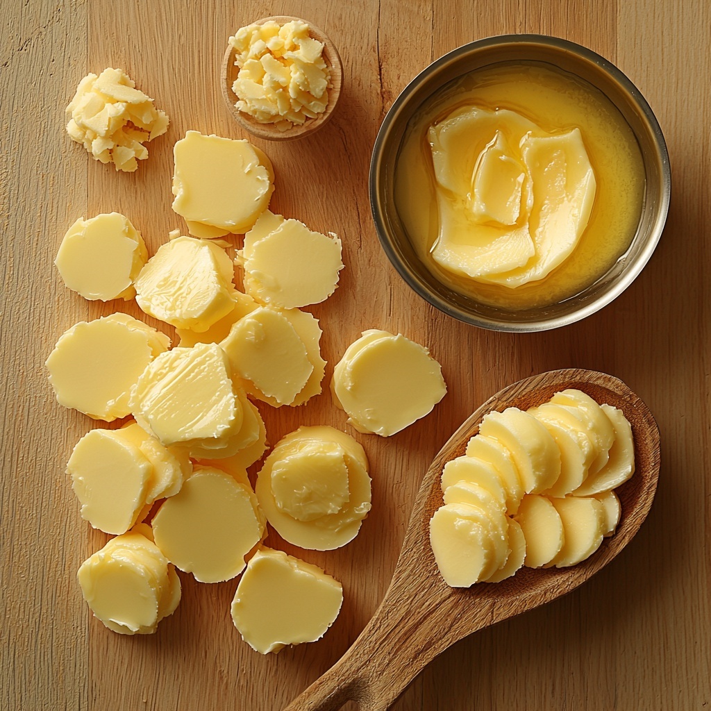Half cup of butter sliced into neat tablespoons, arranged in a loose semicircle on a clean, light-colored wooden surface; a small stainless steel skillet nearby with traces of golden brown melted butter inside, butter slices showcasing creamy pale yellow tones with smooth, slightly glossy texture; natural soft lighting highlighting the rich, warm hues of the butter, subtle shadows adding depth; minimalist styling with no clutter, emphasizing freshness and simplicity, warm earthy tones in the environment to enhance the golden butter color; overhead shot, top down view, flat lay photography, professional food styling --ar 1:1 --q 2 --s 750 --v 6.1
