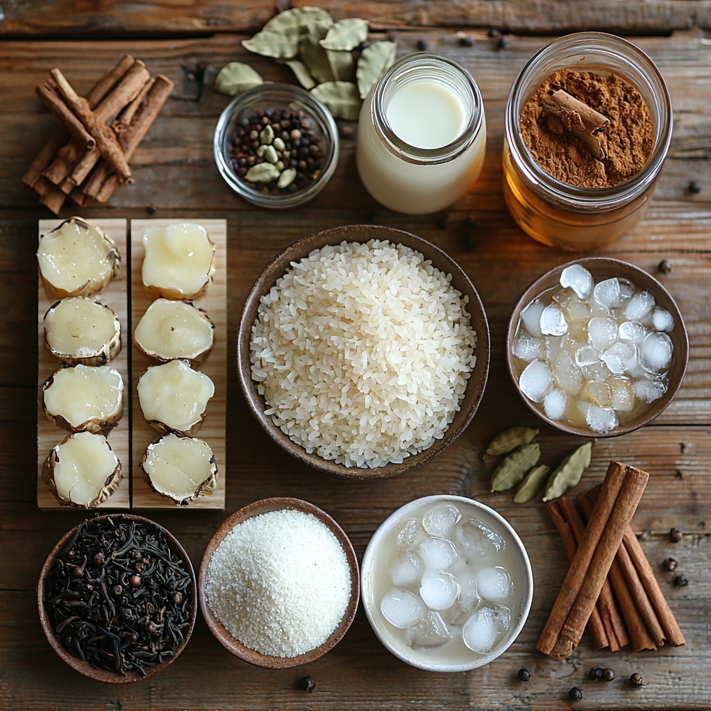 A clean, bright wooden surface neatly arranged with the main ingredients for chai horchata: a small bowl of uncooked long grain white rice showing fine grains, five black tea bags stacked beside it, four green cardamom pods cracked open to reveal seeds, two whole cloves, six round black peppercorns scattered artfully, a small heap of finely grated nutmeg powder, a single rustic cinnamon stick with textured bark, a clear glass measuring cup partially filled with water glistening under soft light, a small white bowl of granulated sugar, a half cup of creamy milk in a clear glass pitcher, a small bottle with amber vanilla extract inside, ice cubes sparkling with fresh condensation in a minimalist bowl, and a tiny dish with warm brown ground cinnamon powder arranged to hint at garnish. The ingredients are spaced evenly with contrasting colors and textures—from the rough cinnamon bark to the smooth surface of the glassware—styled with subtle shadows and natural daylight for a cozy, inviting feel. overhead shot, top down view, flat lay photography, professional food styling --ar 1:1 --q 2 --s 750 --v 6.1