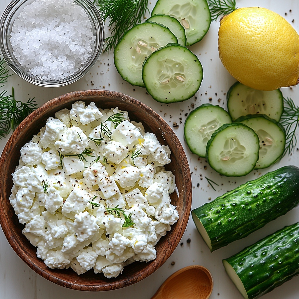 a clean white surface neatly arranged with the main ingredients for refreshing cucumber wraps: one large English cucumber sliced lengthwise into thin, translucent long strips showing vibrant pale green and dark green skin textures; a small rustic bowl filled with creamy, white cottage cheese with visible curds; a small glass dish of fresh bright green chopped dill; a halved lemon with vivid yellow flesh and textured rind; scattered coarse sea salt crystals and cracked black peppercorns on the surface; a wooden spoon partially dipped into the cottage cheese mixture; natural soft daylight casting gentle shadows highlighting the fresh colors and contrasting textures; minimalist styling with a few fresh dill sprigs artfully placed around for color pop and freshness; emphasis on crispness and freshness with subtle rustic touches for warmth; clean, bright, airy aesthetic, overhead shot, top down view, flat lay photography, professional food styling --ar 1:1 --q 2 --s 750 --v 6.1