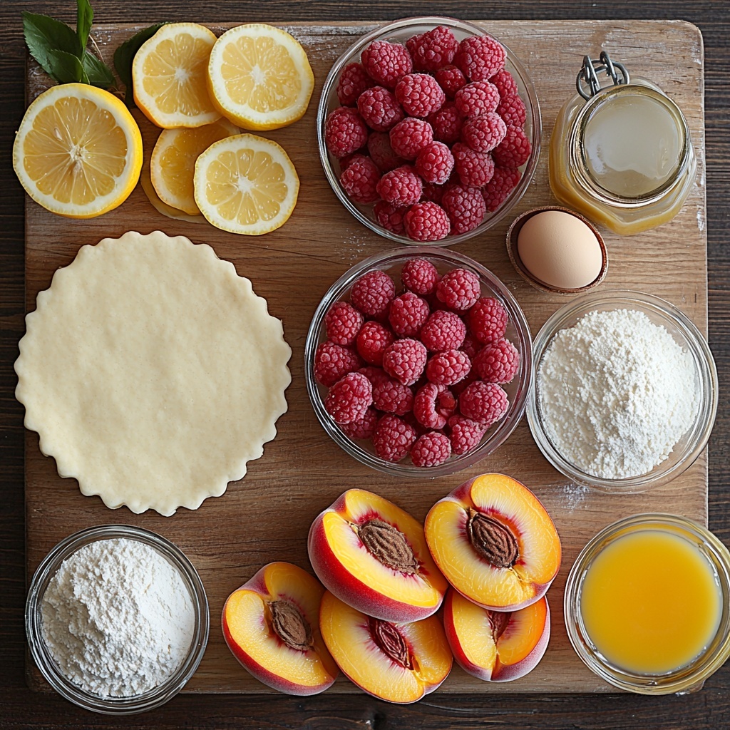 A clean white surface neatly arranged with ingredients for a Raspberry Peach Pie: two portions of pale golden all-butter pie crust dough rolled into smooth rounds on a wooden pastry board; a small glass bowl containing fine white granulated sugar next to a small bowl of white cornstarch powder; a rustic ceramic bowl filled with plump, vibrant red fresh raspberries showcasing their delicate texture; a clear bowl holding glossy, soft, thawed frozen peach slices in warm orange and yellow hues; a small glass container with bright yellow lemon juice; a tiny bottle of rich amber vanilla extract; a shallow dish with a glossy beaten egg wash; and a small bowl of sparkling white sanding sugar crystals catching the light. The ingredients are spaced evenly with soft natural daylight casting gentle shadows, styled with minimal rustic props like a wooden spoon and linen napkin nearby to add warmth and hominess. The overall palette is fresh, bright, and inviting, highlighting the contrasting textures of smooth dough, juicy fruit, and fine powders. overhead shot, top down view, flat lay photography, professional food styling --ar 1:1 --q 2 --s 750 --v 6.1