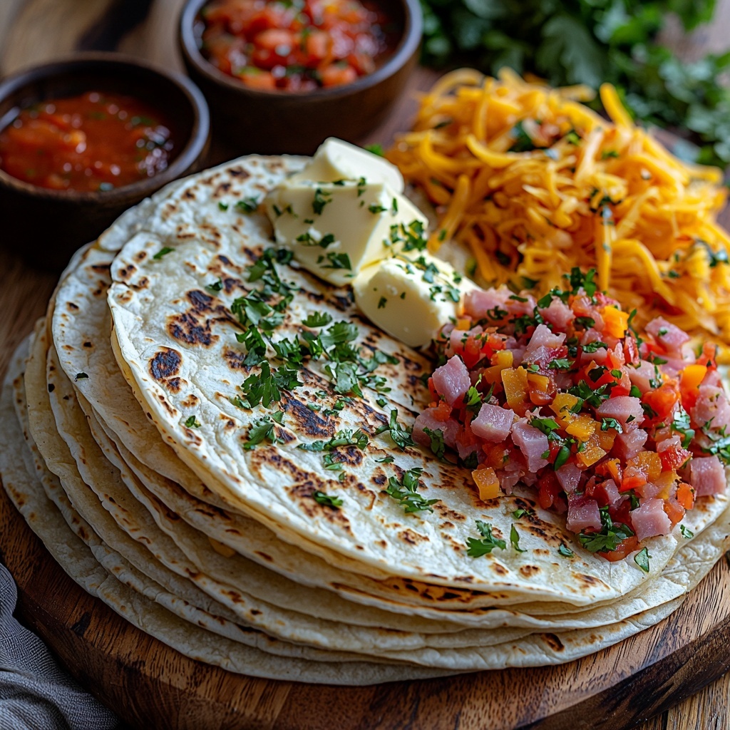 4 large flour tortillas, stacked and fanned out slightly, soft and warm textures visible; 2 cups shredded cheese blend with vibrant orange cheddar and creamy white mozzarella, loosely piled in a small rustic bowl; 2 tablespoons creamy butter, softened and presented in a small dish with gentle swirls; optional cooked bacon strips, crisp and glistening with a rich reddish-brown color; diced ham, cubed with a pink hue and slightly glossy surface; sautéed vegetables including colorful bell peppers and onions, bright and lightly caramelized, placed together on a small wooden board; small bowls of chunky red salsa and a smooth deep red hot sauce, adding vibrant pops of color; all ingredients arranged neatly on a clean light wood surface with natural soft daylight casting gentle shadows, styled with casual napkins, a vintage butter knife, and a skillet edge partially visible at the frame’s edge to suggest preparation; warm tones, contrasting textures, inviting and appetizing composition, overhead shot, top down view, flat lay photography, professional food styling --ar 1:1 --q 2 --s 750 --v 6.1
